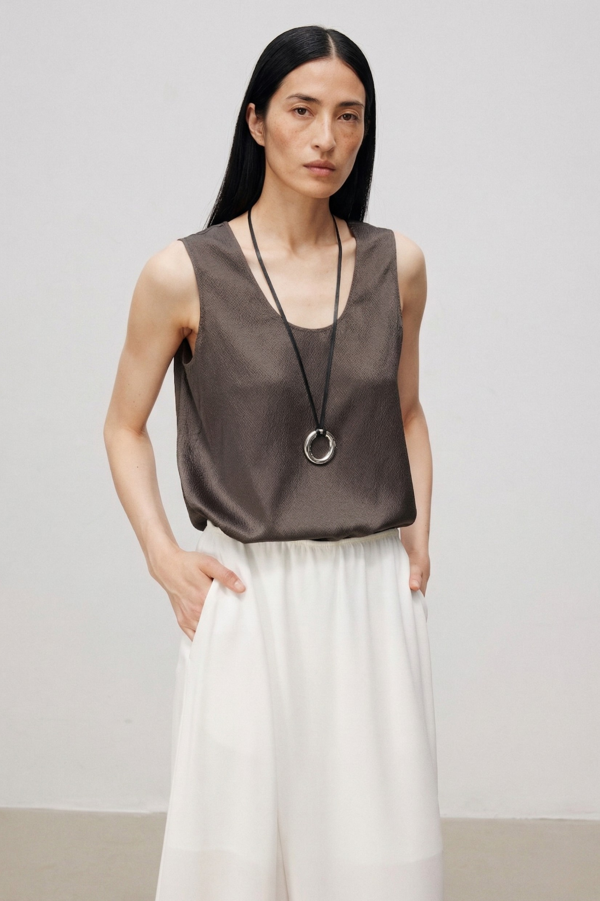 Minimal Pearl-Sheen Silk Satin Scoop-Neck Tank