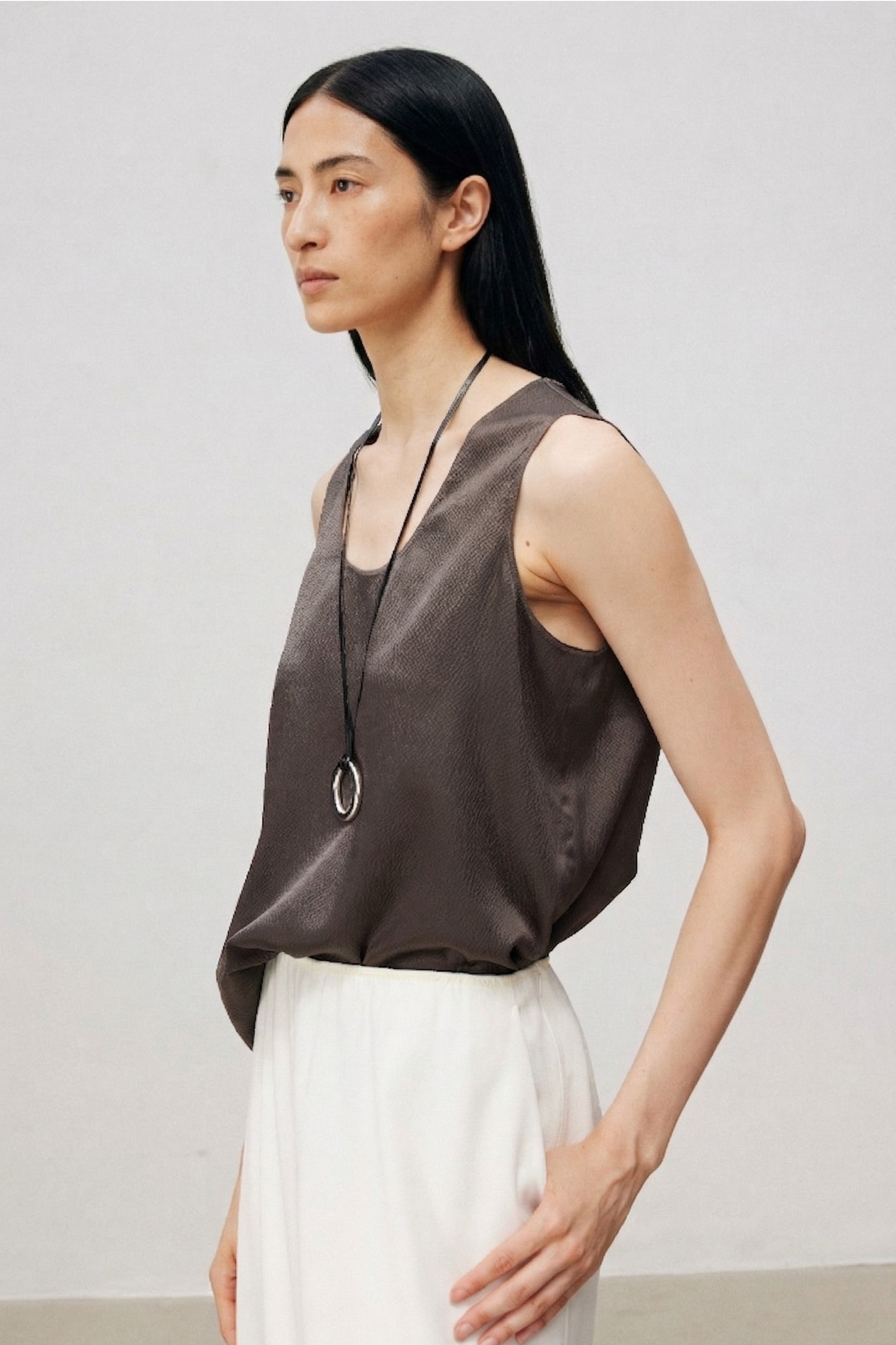 Minimal Pearl-Sheen Silk Satin Scoop-Neck Tank