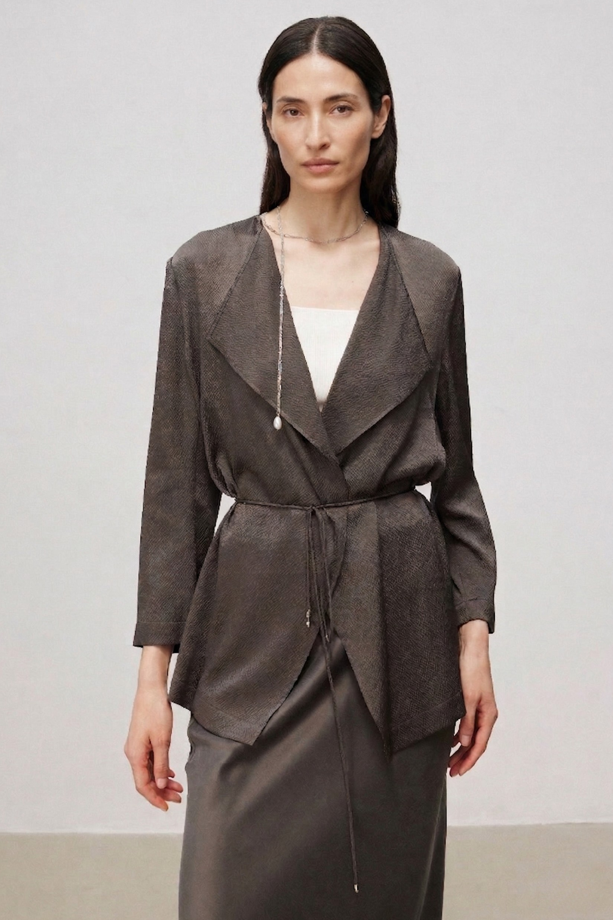 Pearl-Sheen Silk Satin Draped-Collar Wrap Top