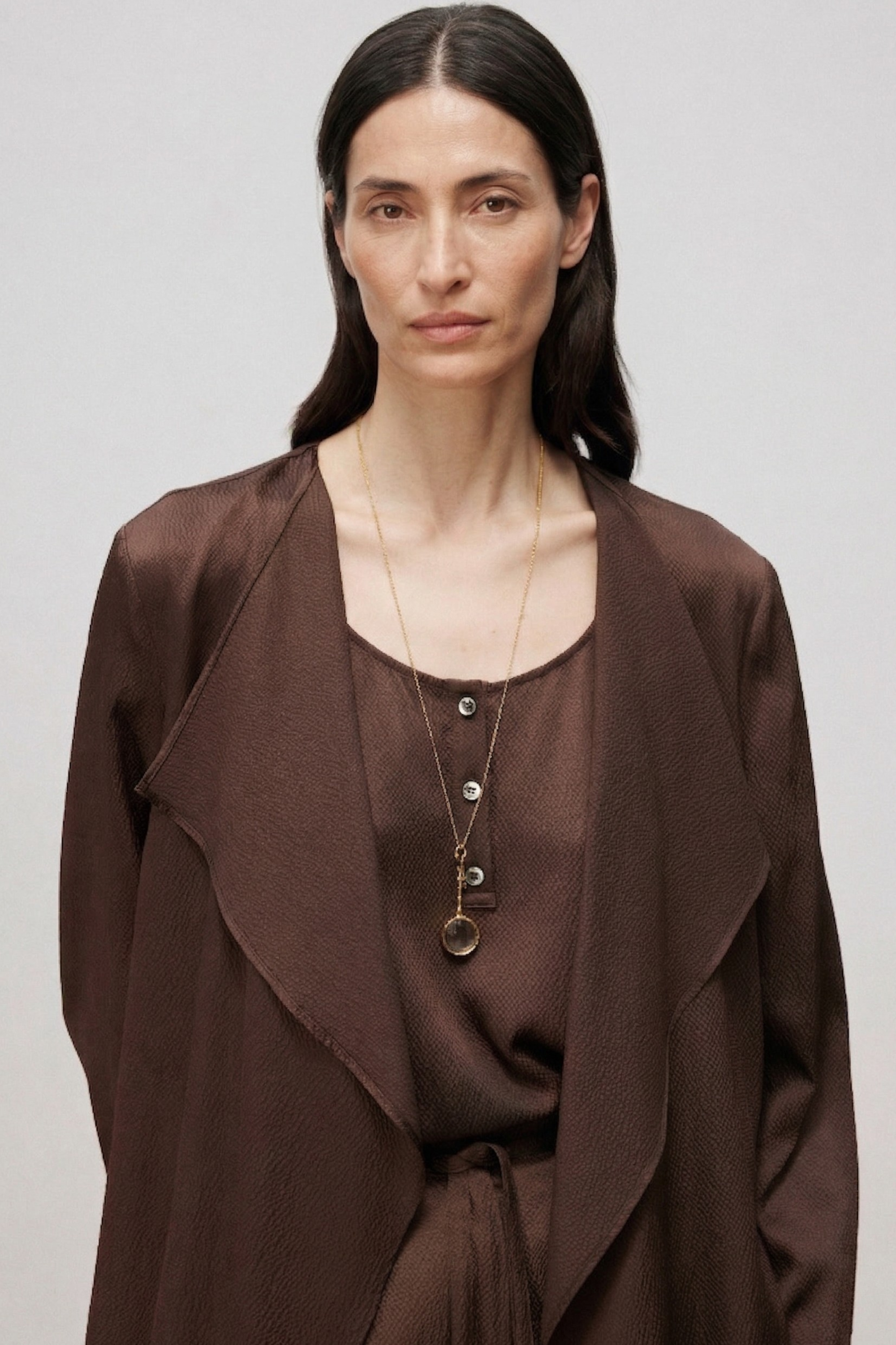 Pearl-Sheen Silk Satin Draped-Collar Wrap Top