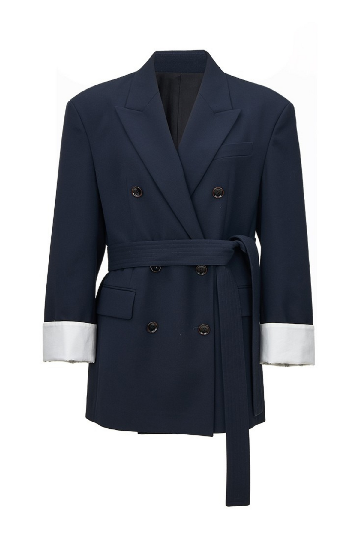 Belted Wool Double-Breasted Blazer with Contrast Cuffs