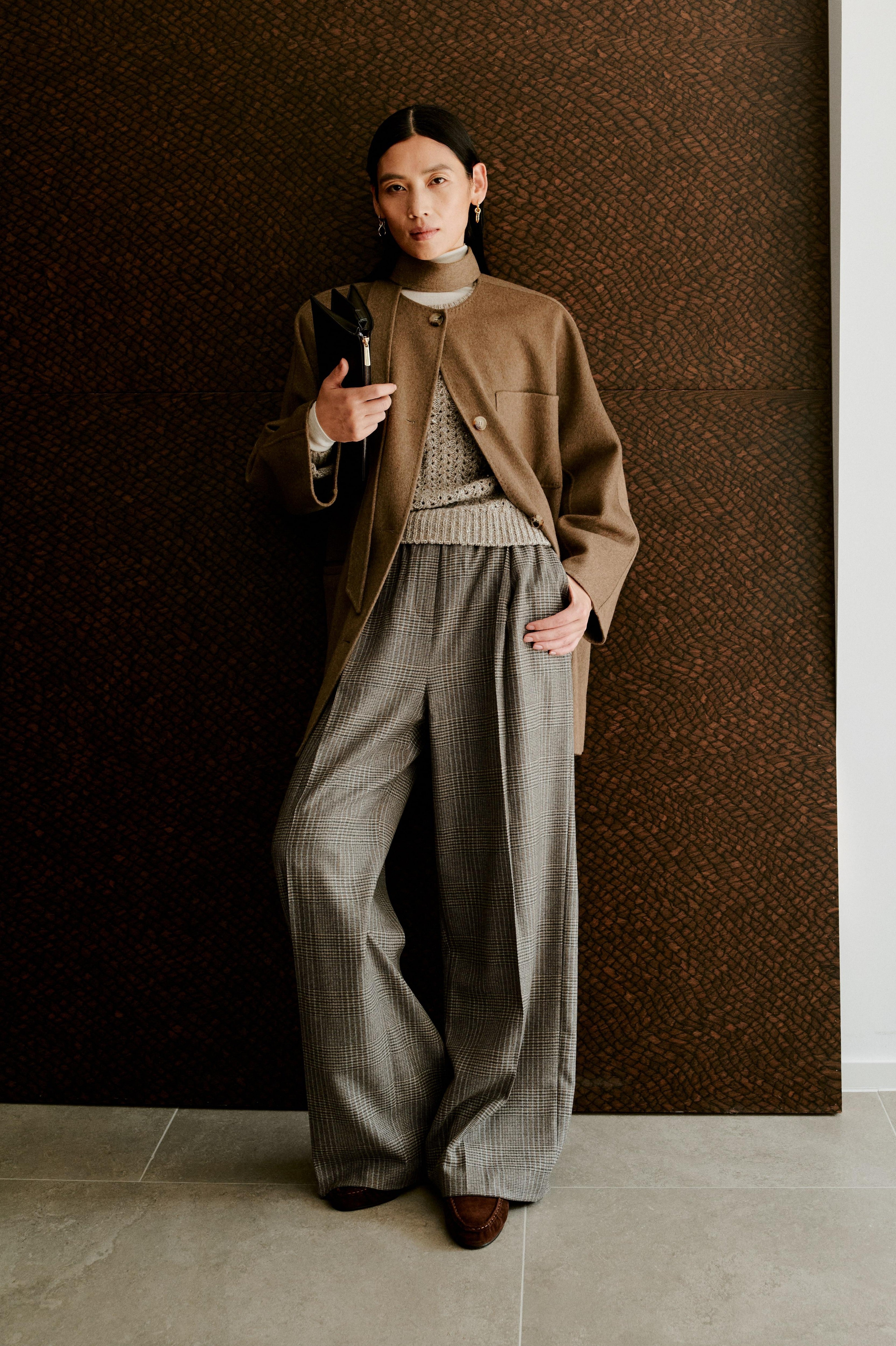 Elastic-Waist Checked Wool Drawstring Wide-Leg Pants