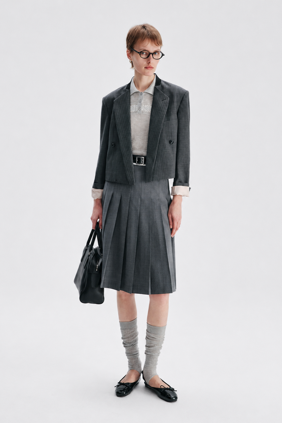 Contrast Waist Wool-Blend Pleated Skirt