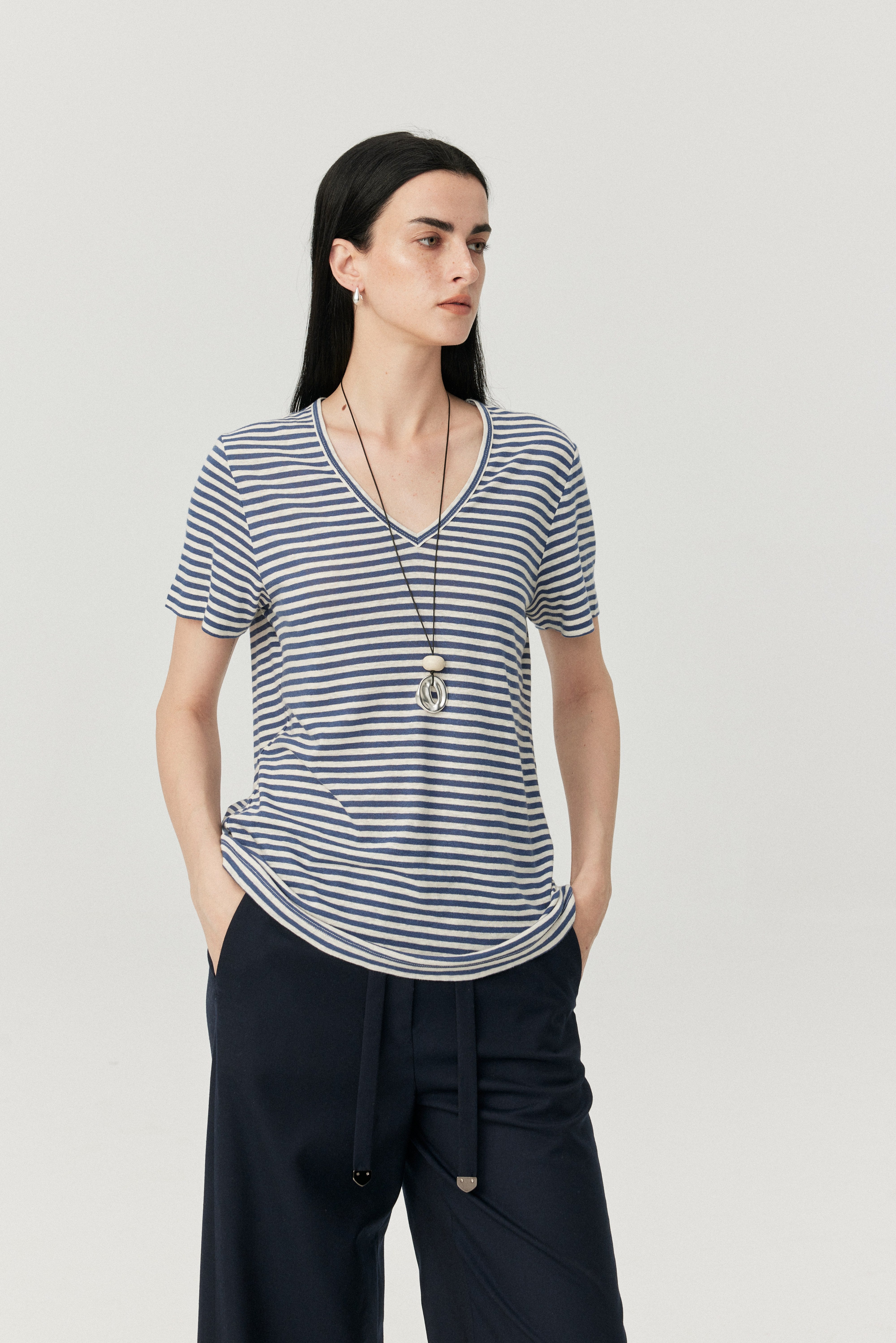 Linen Blend Striped Relaxed T Shirt