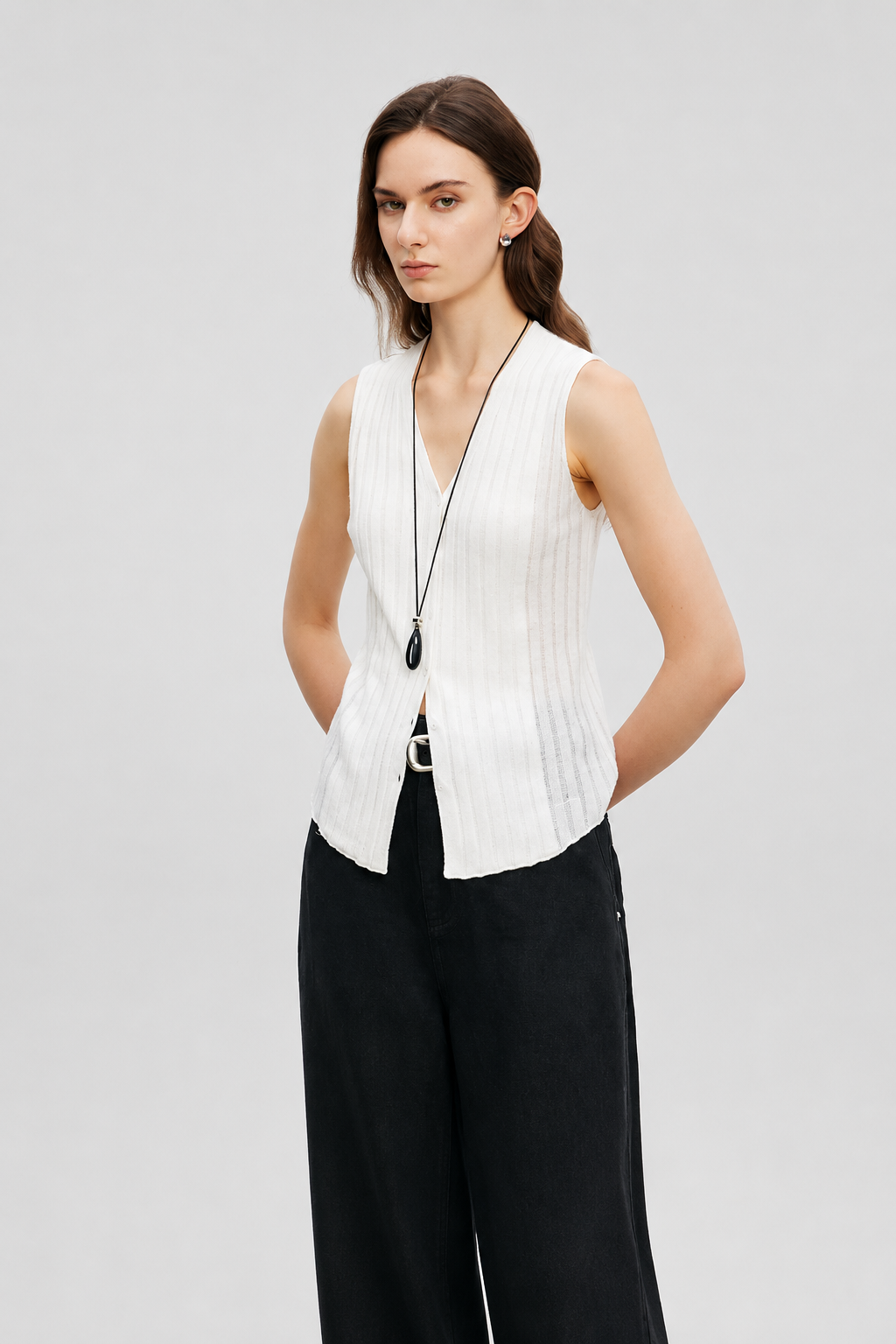 Vertical Texture Wool-Linen Blend Knit Vest