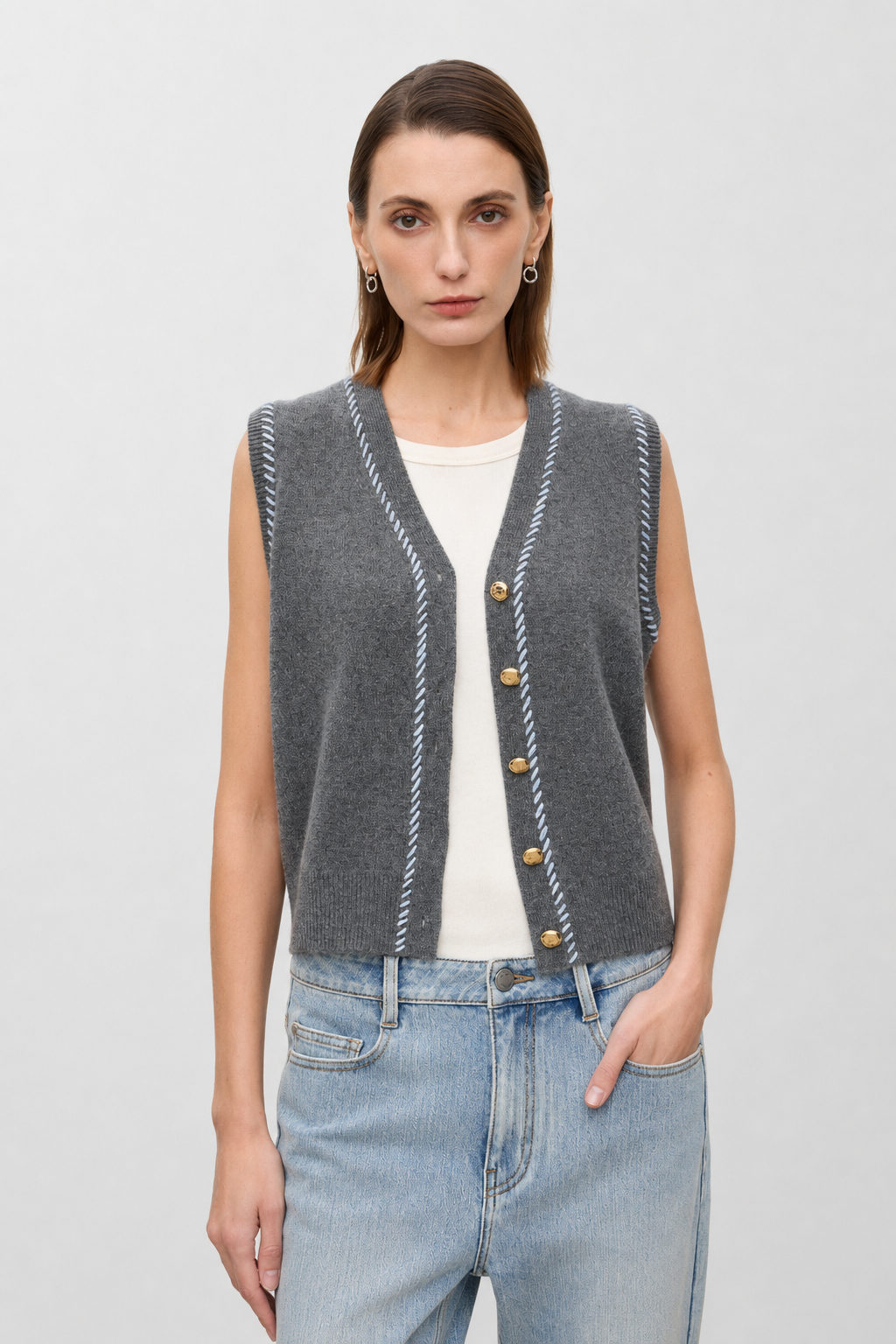 Contrast Stitch Wool Knit Vest