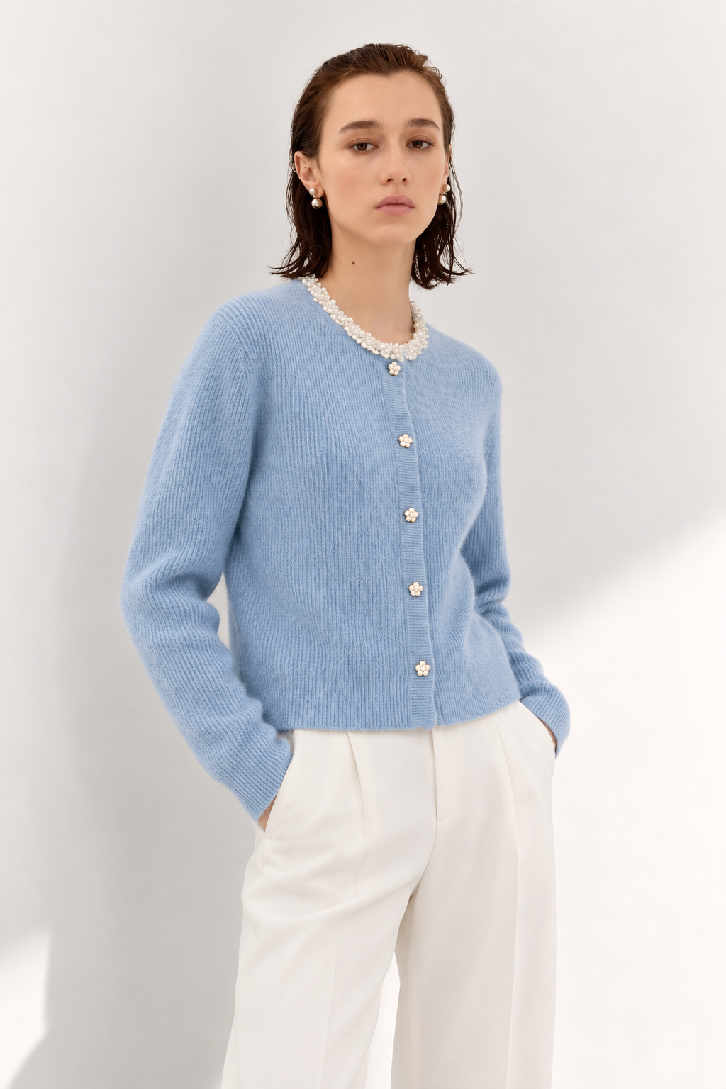 Floral-Trim Wool Blend Cardigan