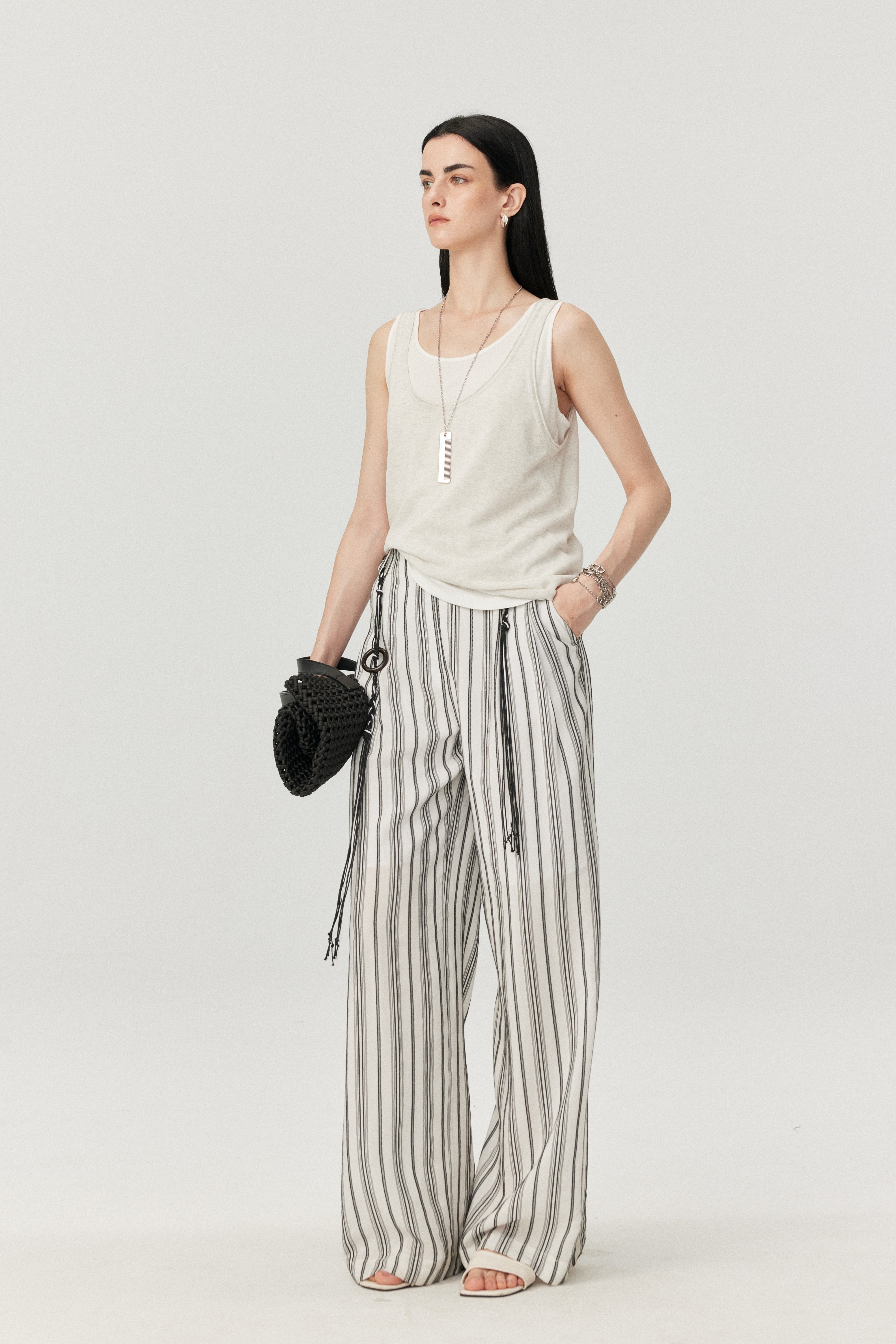 Linen-Blend Stripe Wide-Leg Pants