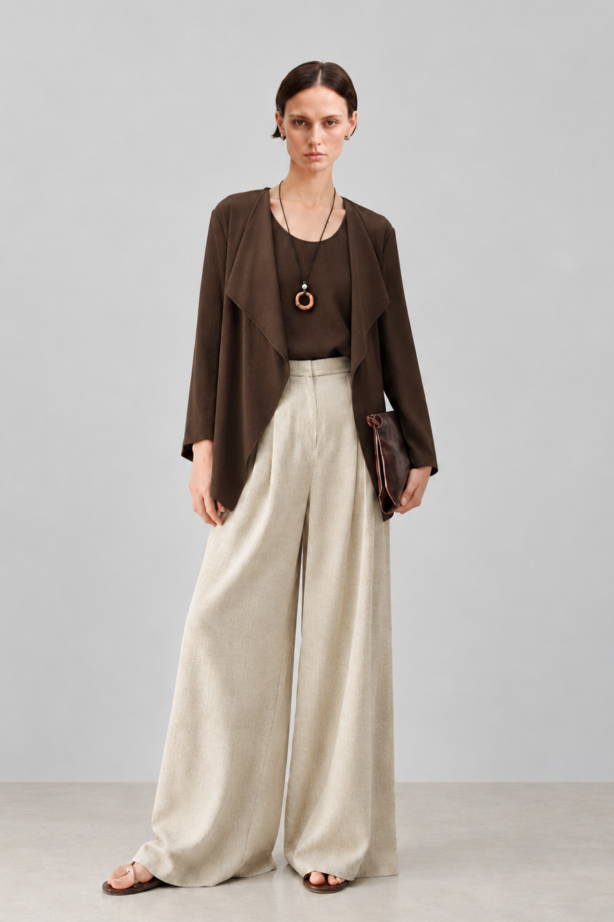 A model stands in a studio wearing a dark brown open-front cardigan over a matching dark brown top, paired with high-waisted, wide-leg beige trousers and flat sandals.
