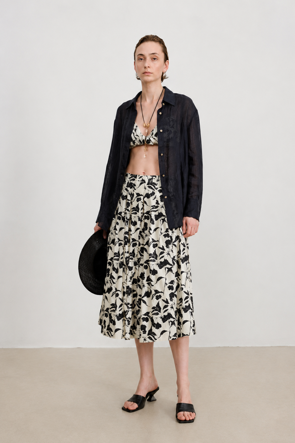 Botanical Print Cotton Midi Skirt
