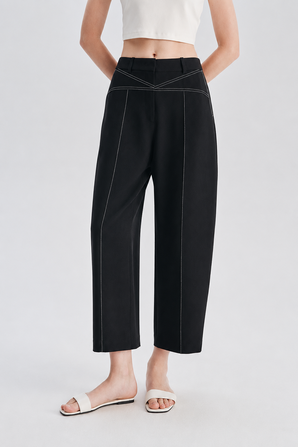 Contrast Stitch Barrel-Leg Trousers