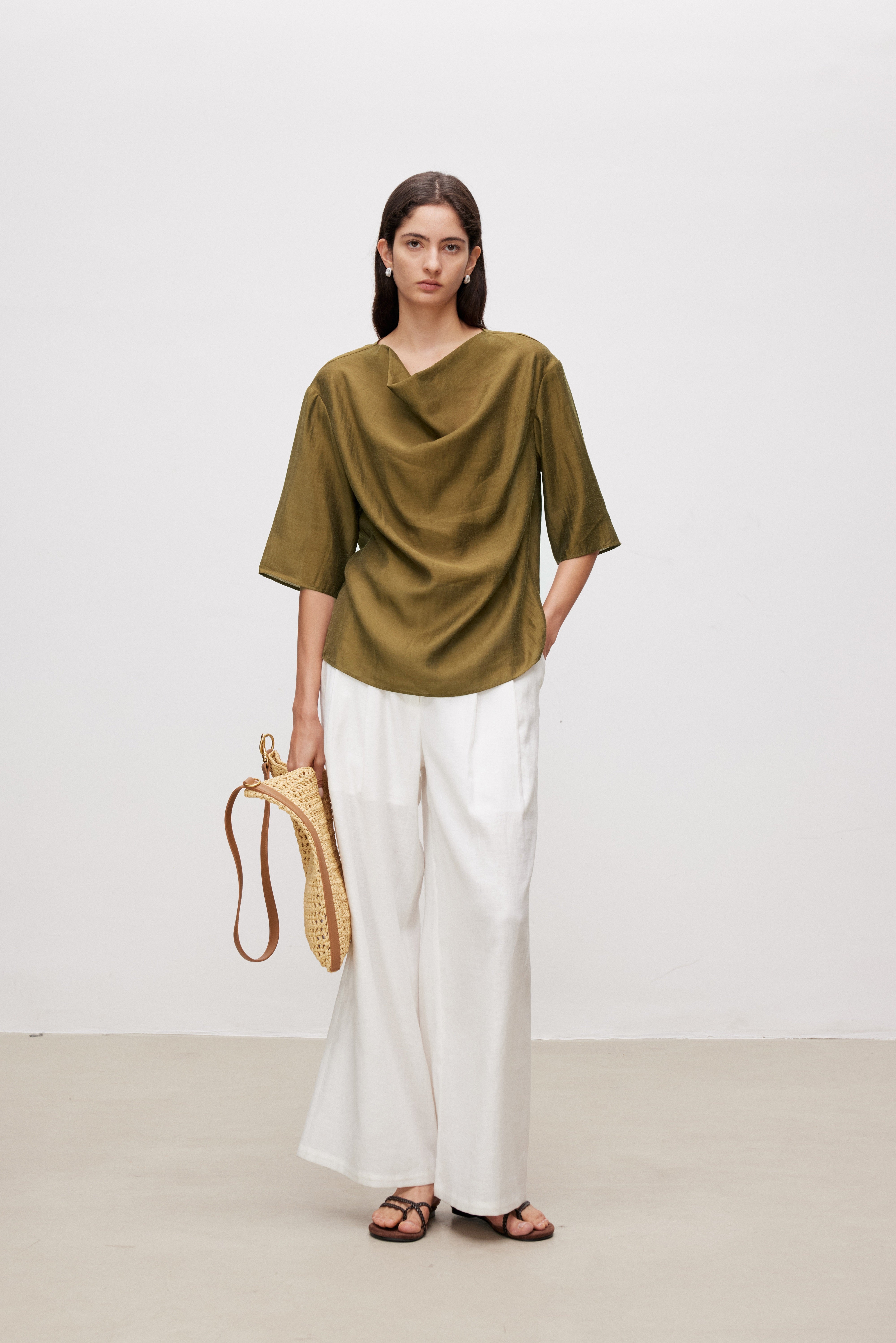 Draped Neck Linen Blend Top with Tie Belt