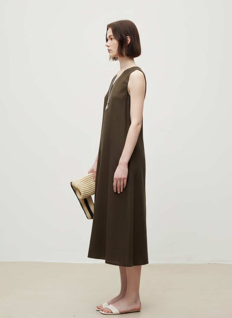 Linen V-Neck Sleeveless V-Neck Midi Dress