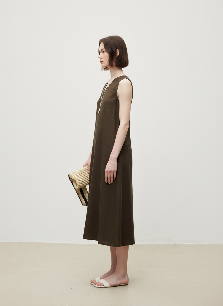 Linen V-Neck Sleeveless V-Neck Dress (Midi)