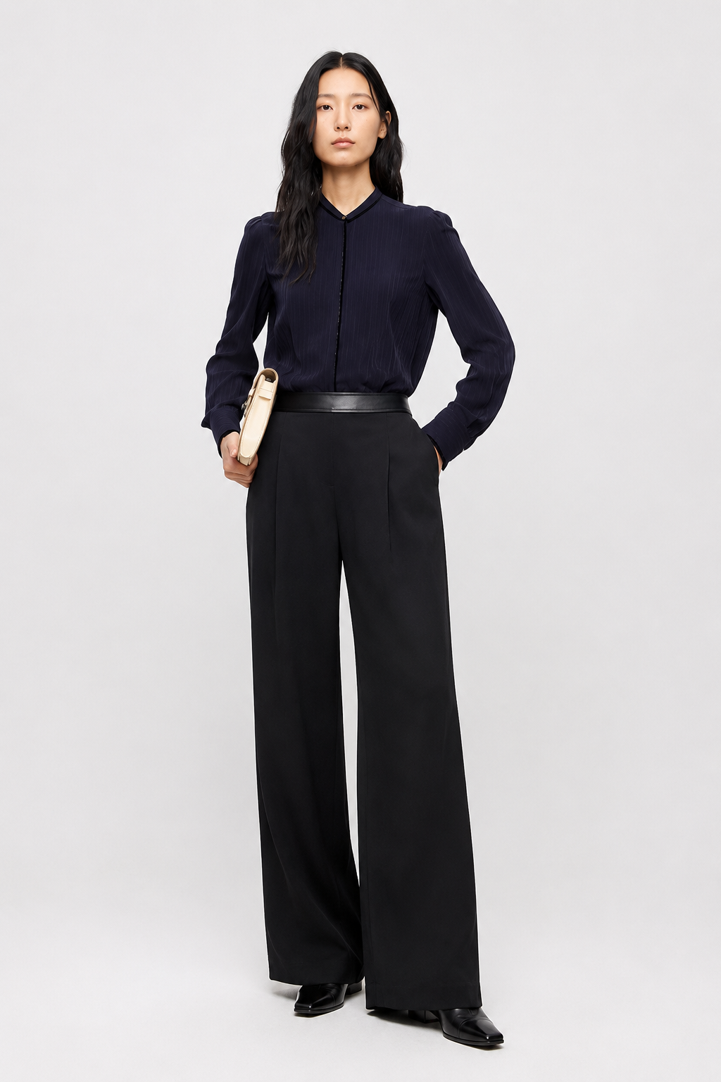 Leather-Trim Wool Straight-Leg Trousers