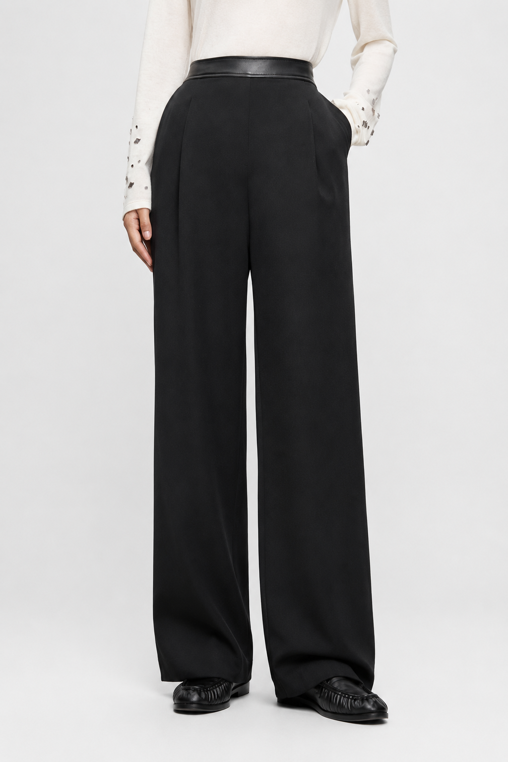Leather-Trim Wool Straight-Leg Trousers