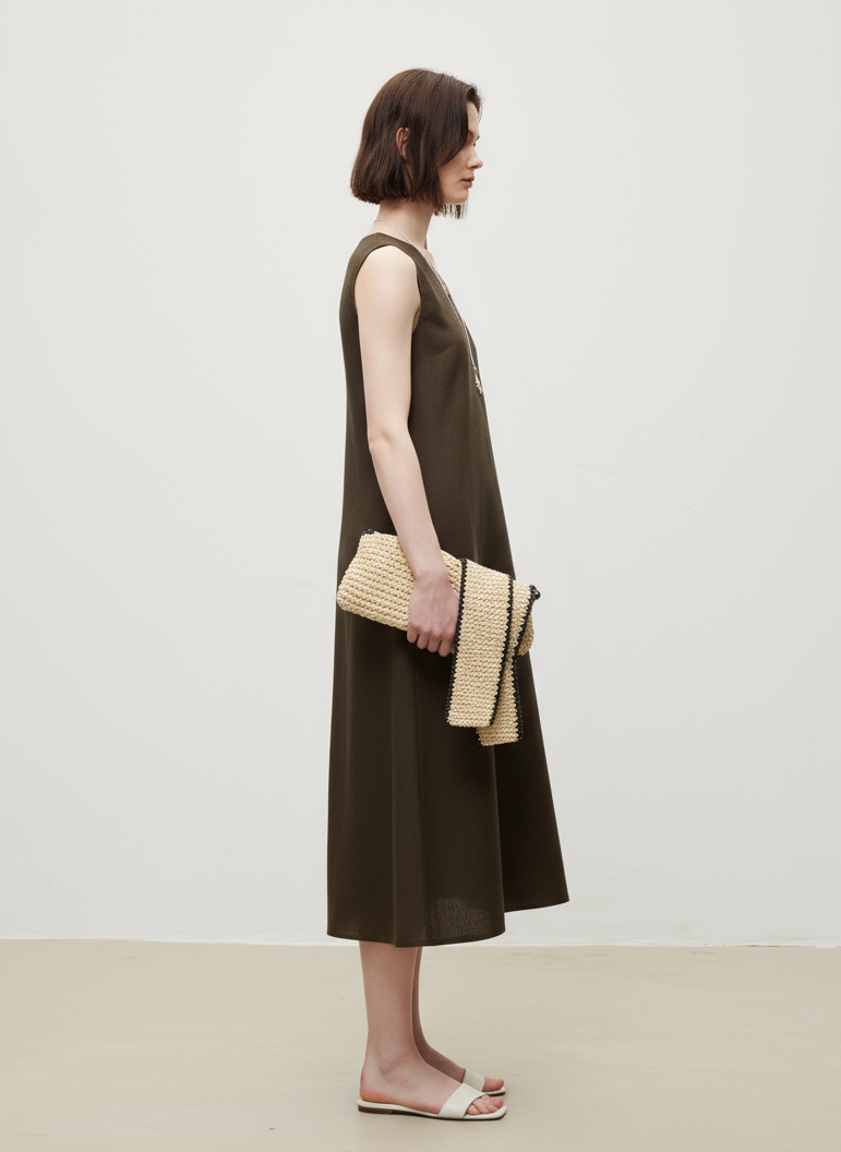 Linen V-Neck Sleeveless V-Neck Midi Dress