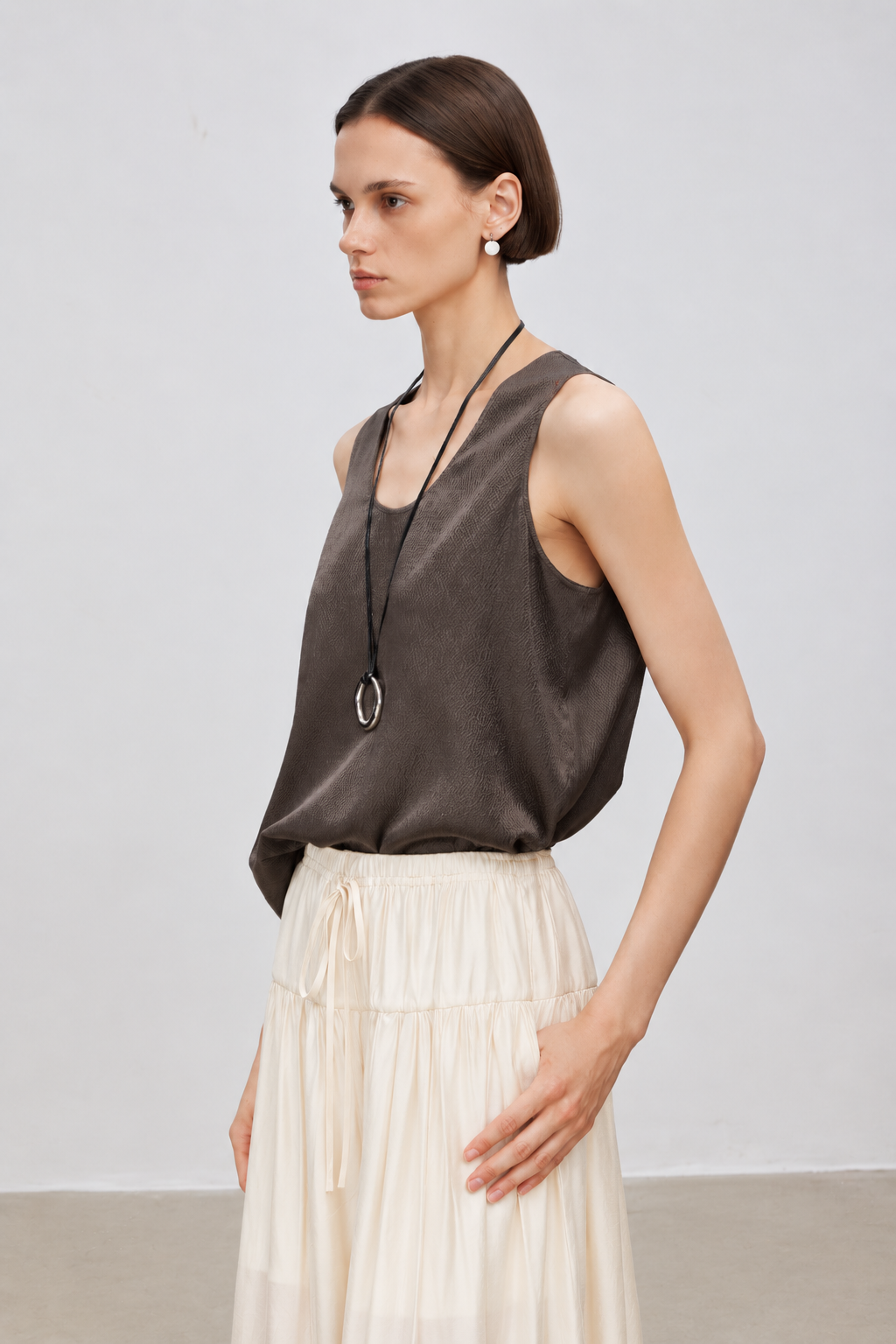 Minimal Pearl-Sheen Silk Satin Scoop-Neck Tank