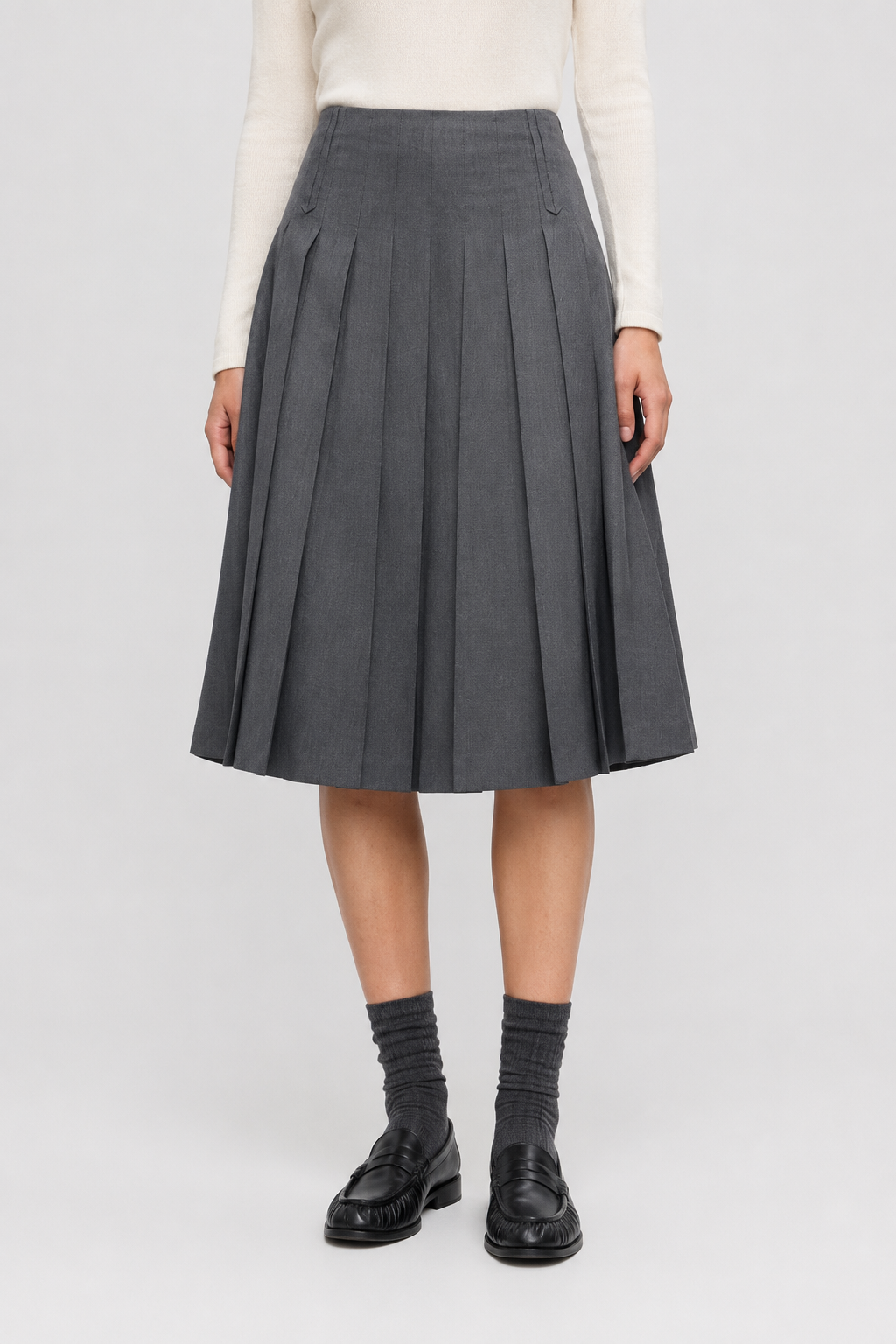 Tailored Pleated Wool Skirt with Belt