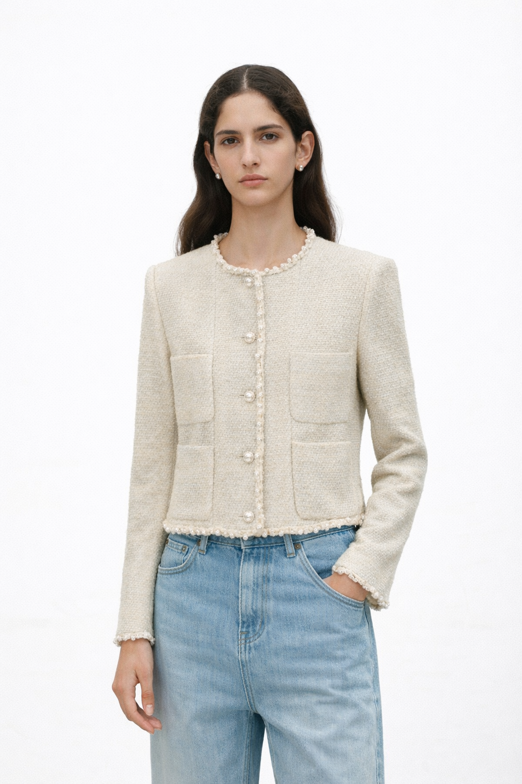 Mermaid Pearl Beige Tweed Short Jacket
