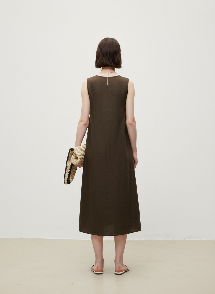 Linen V-Neck Sleeveless V-Neck Dress (Midi)