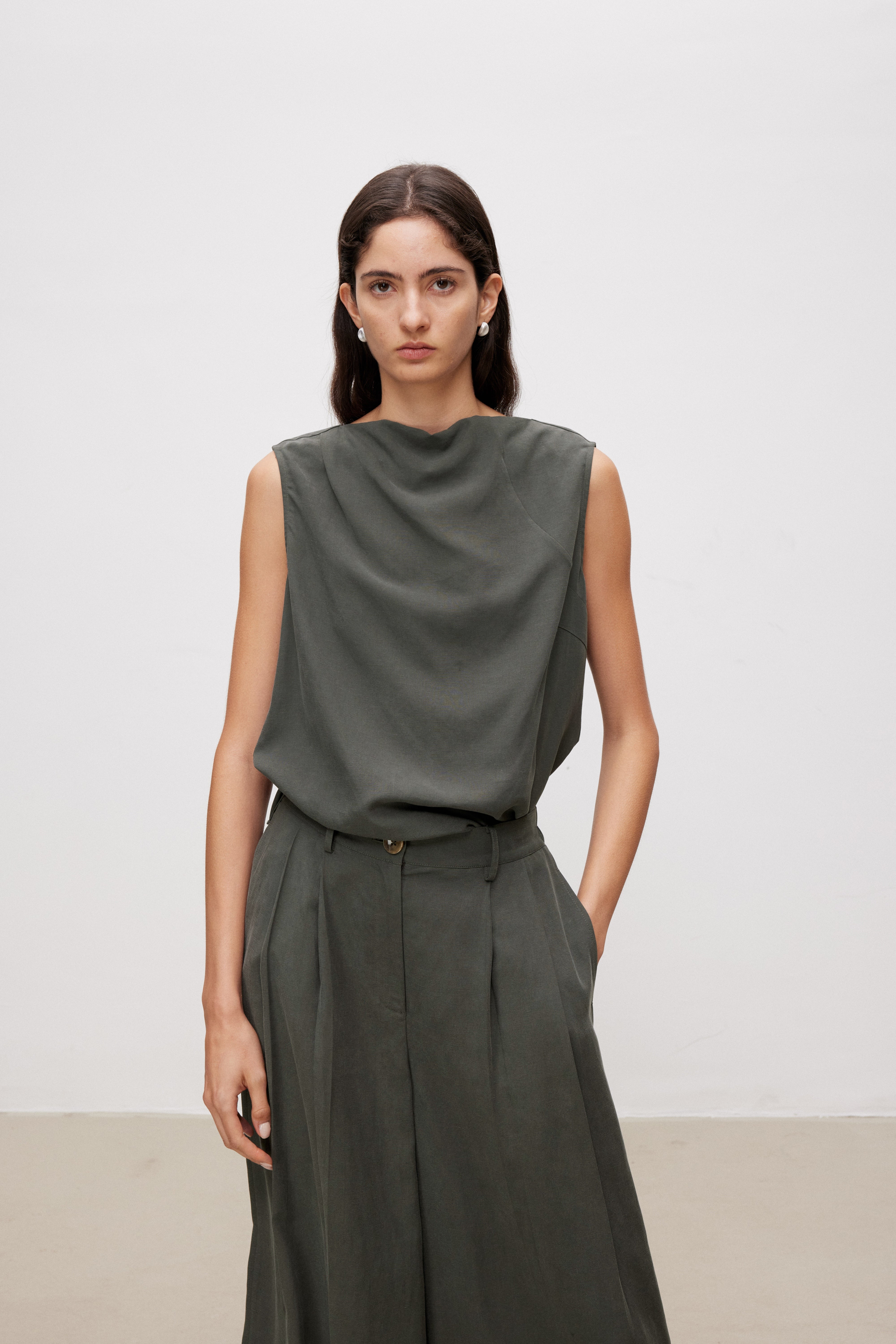 Lyocell Linen Blend Draped Sleeveless Top