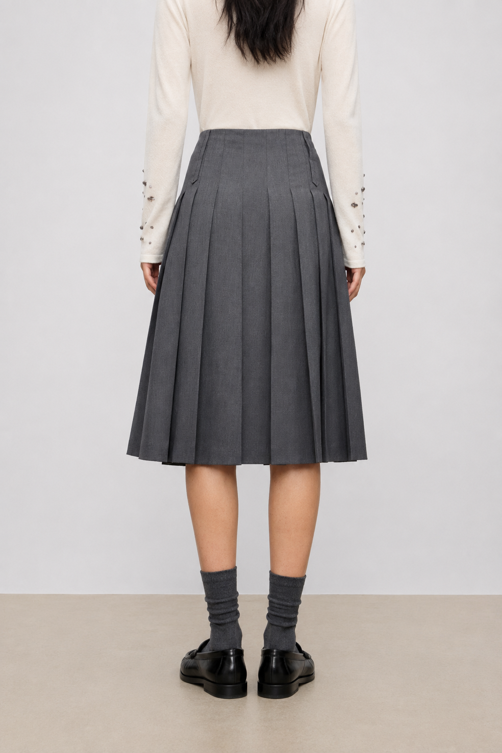 Tailored Pleated Wool Skirt with Belt