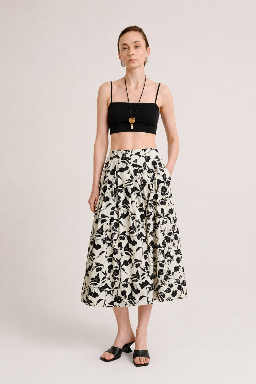 Botanical Print Cotton Midi Skirt