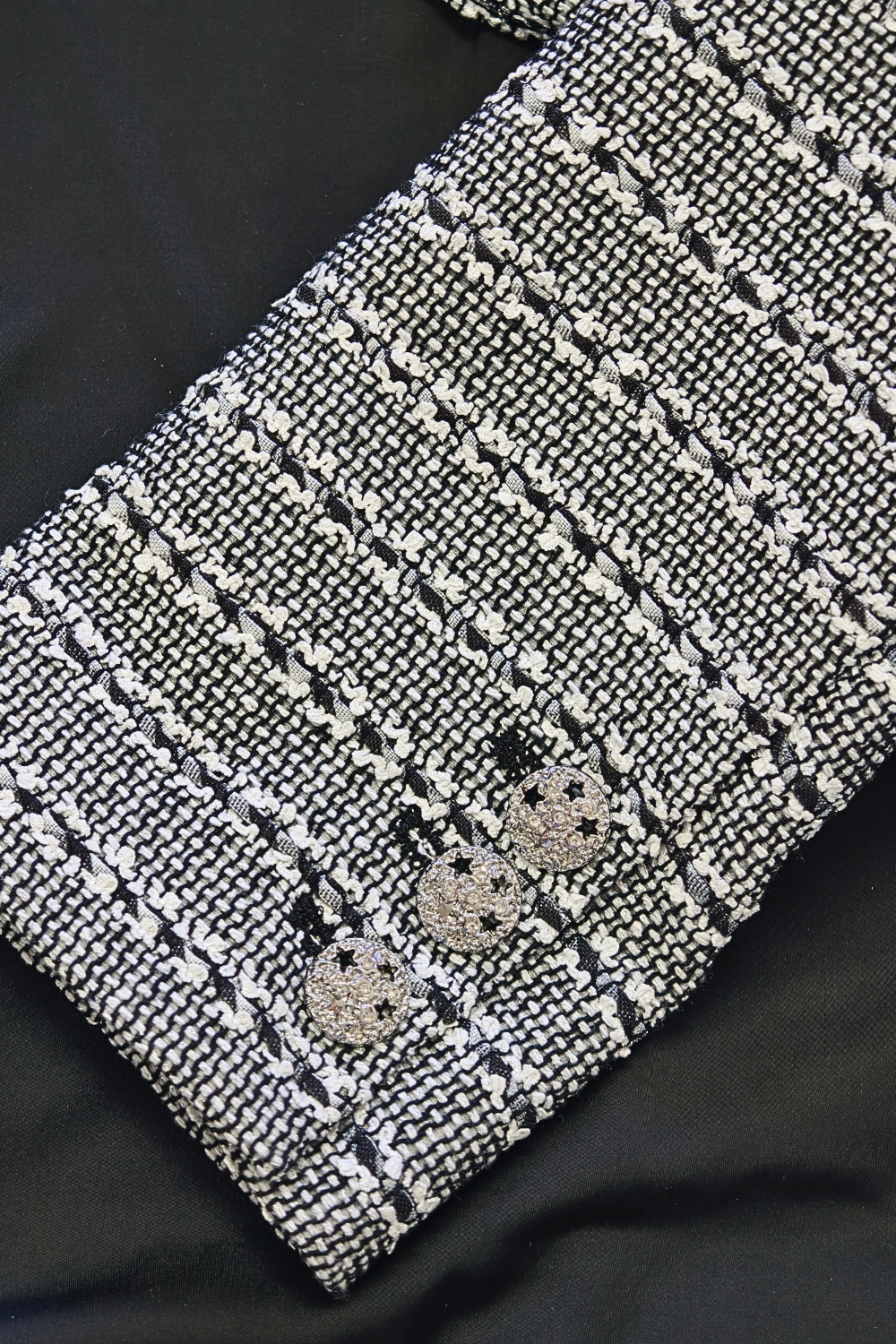 Contrast Crystal Button Cropped Bouclé Jacket
