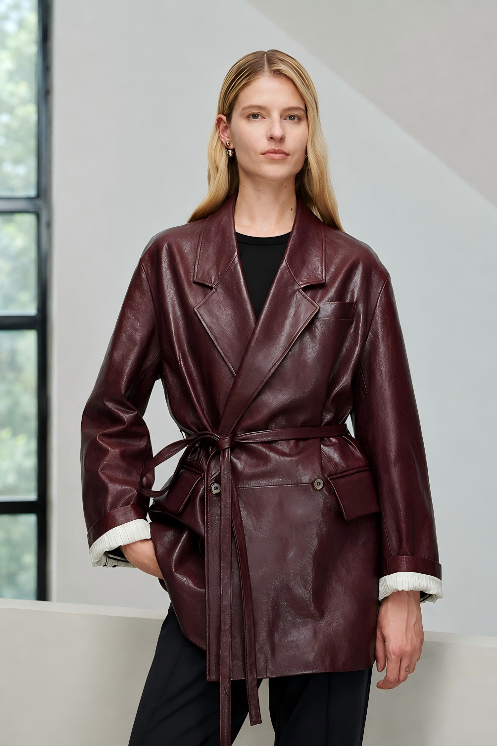 Hand-Waxed Lambskin Belted Leather Blazer