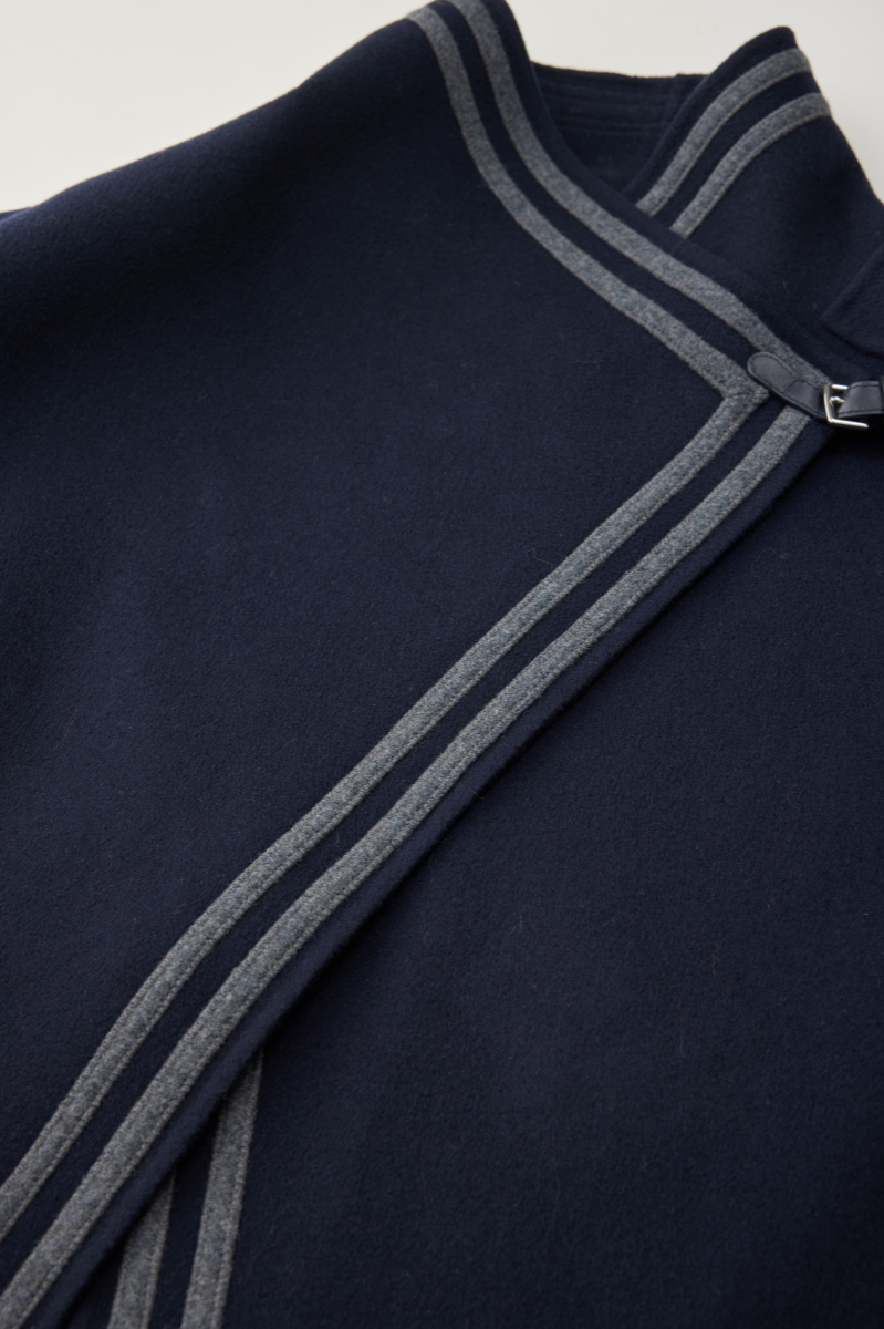 Leather Trim Double Face Draped-Collar Wool Coat