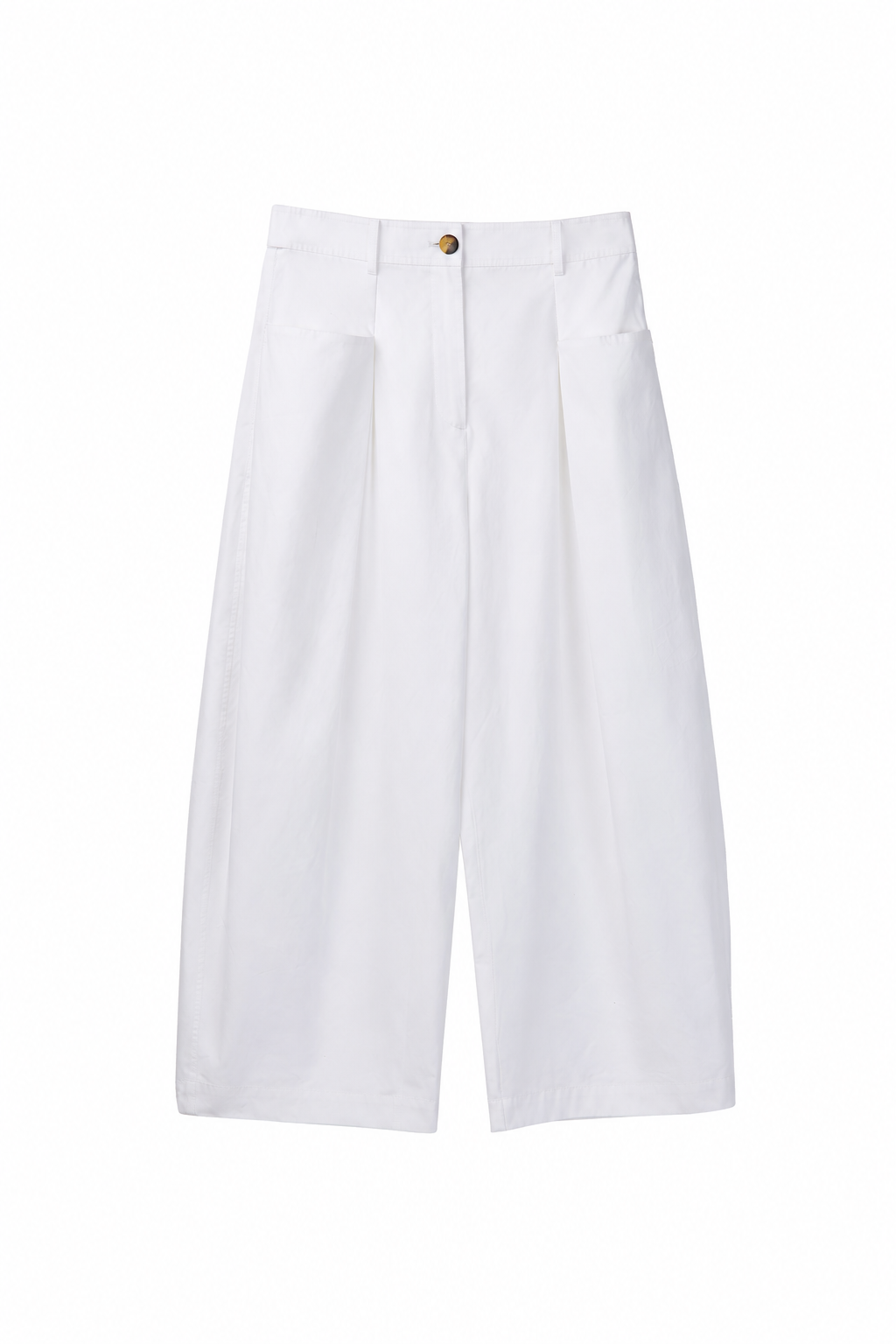 White wide-leg cropped pants with front pleats and a single gold-tone button closure at the waist, shown flat against a white background.