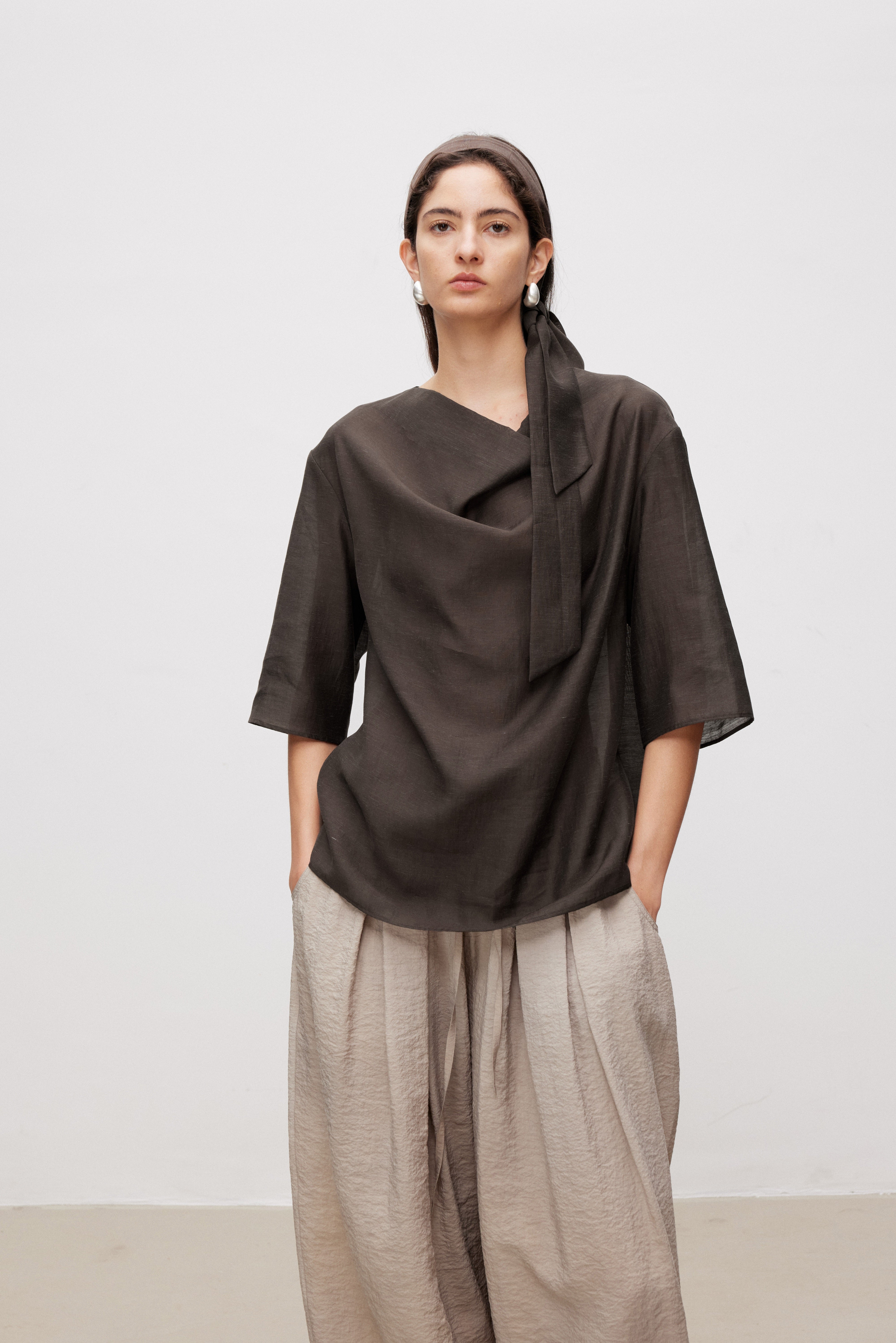 Draped Neck Linen Blend Top with Tie Belt
