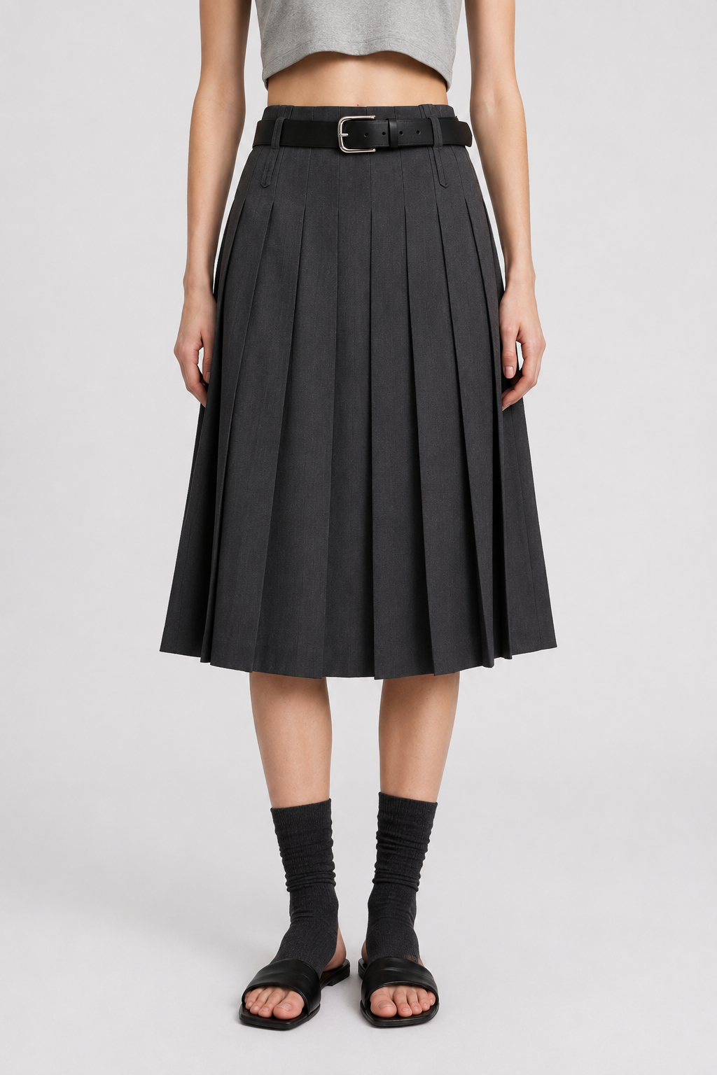 Tailored Pleated Wool Skirt with Belt