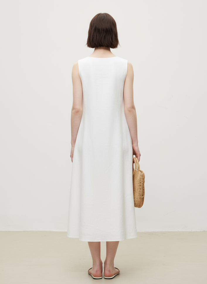 Linen V-Neck Sleeveless V-Neck Midi Dress