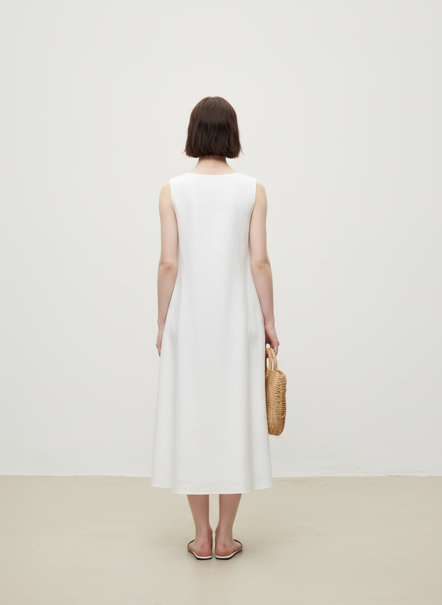 Linen V-Neck Sleeveless V-Neck Dress (Midi)