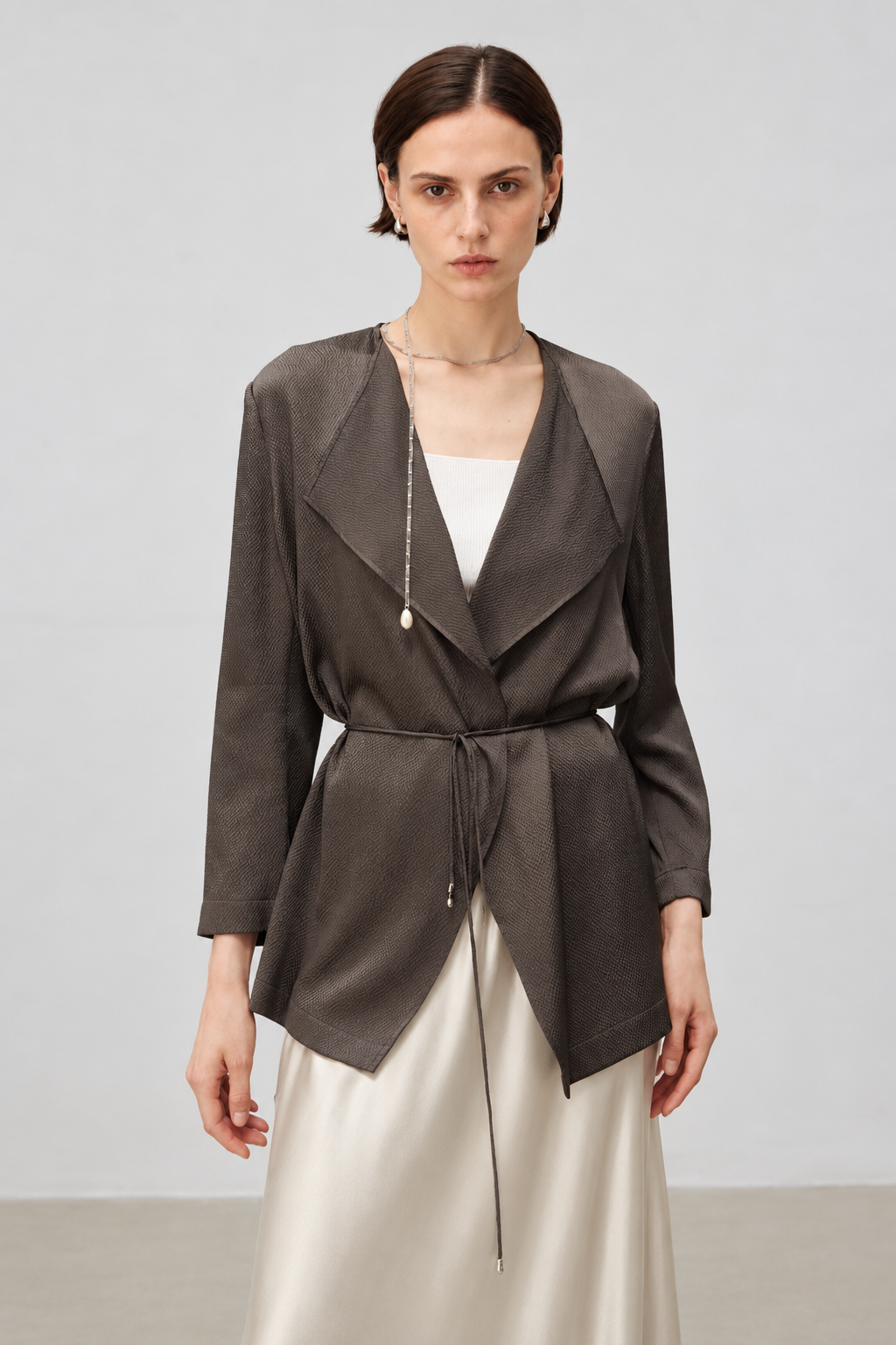 Pearl-Sheen Silk Satin Draped-Collar Wrap Top