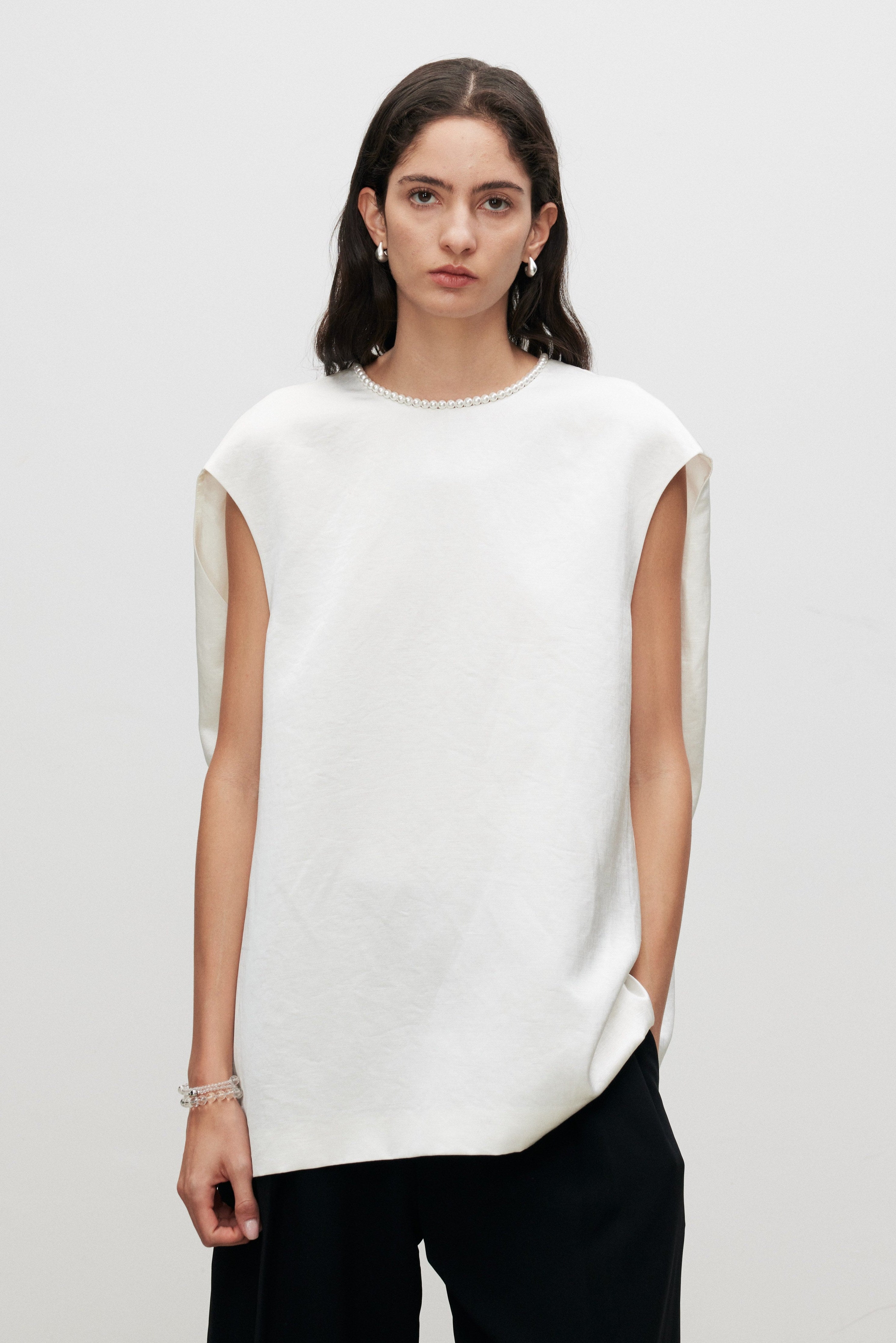 Pearl Sheen Acetate Linen Blend Sleeveless Top