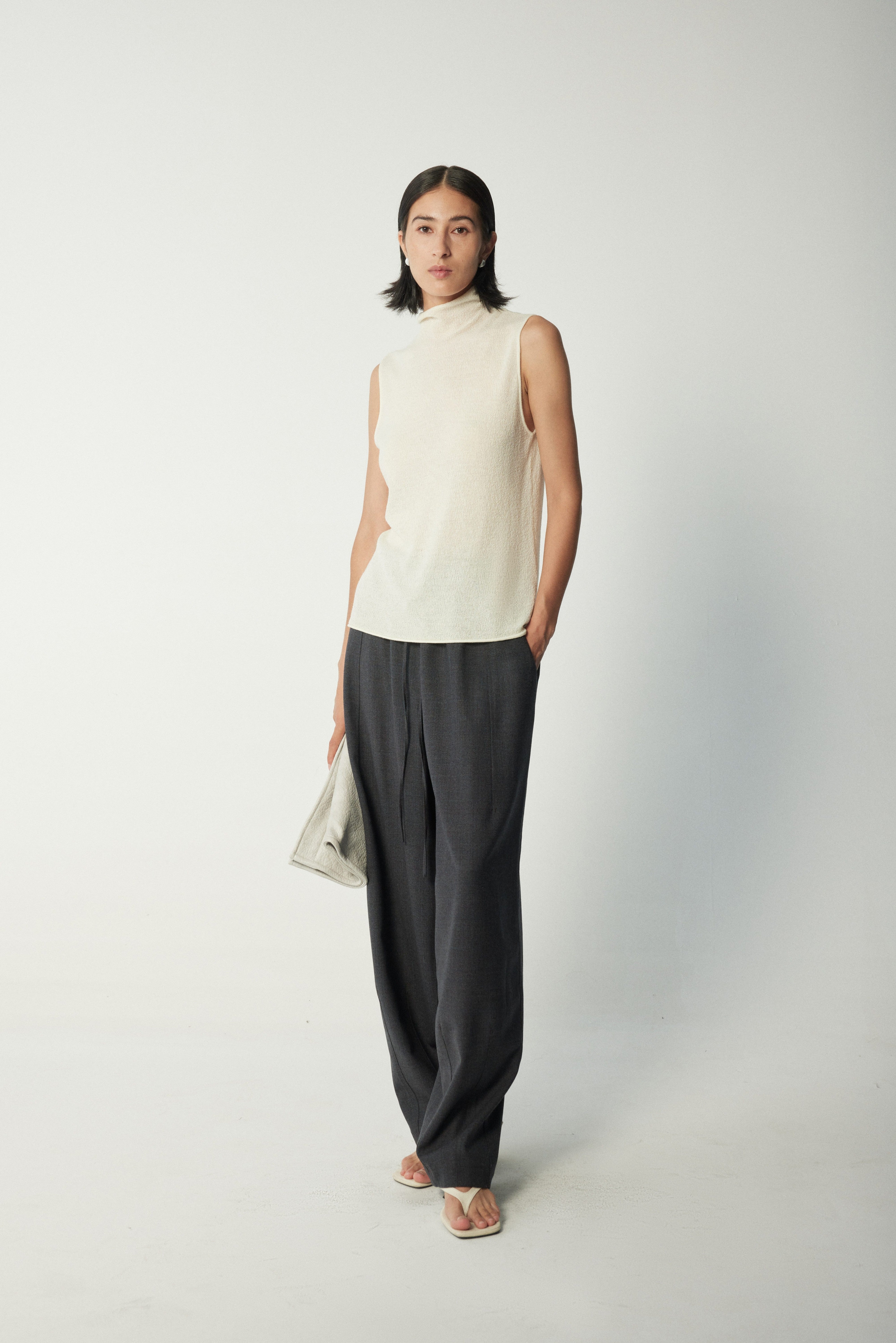 Lightweight Wool-Triacetate Sleeveless Turtleneck Knit Top