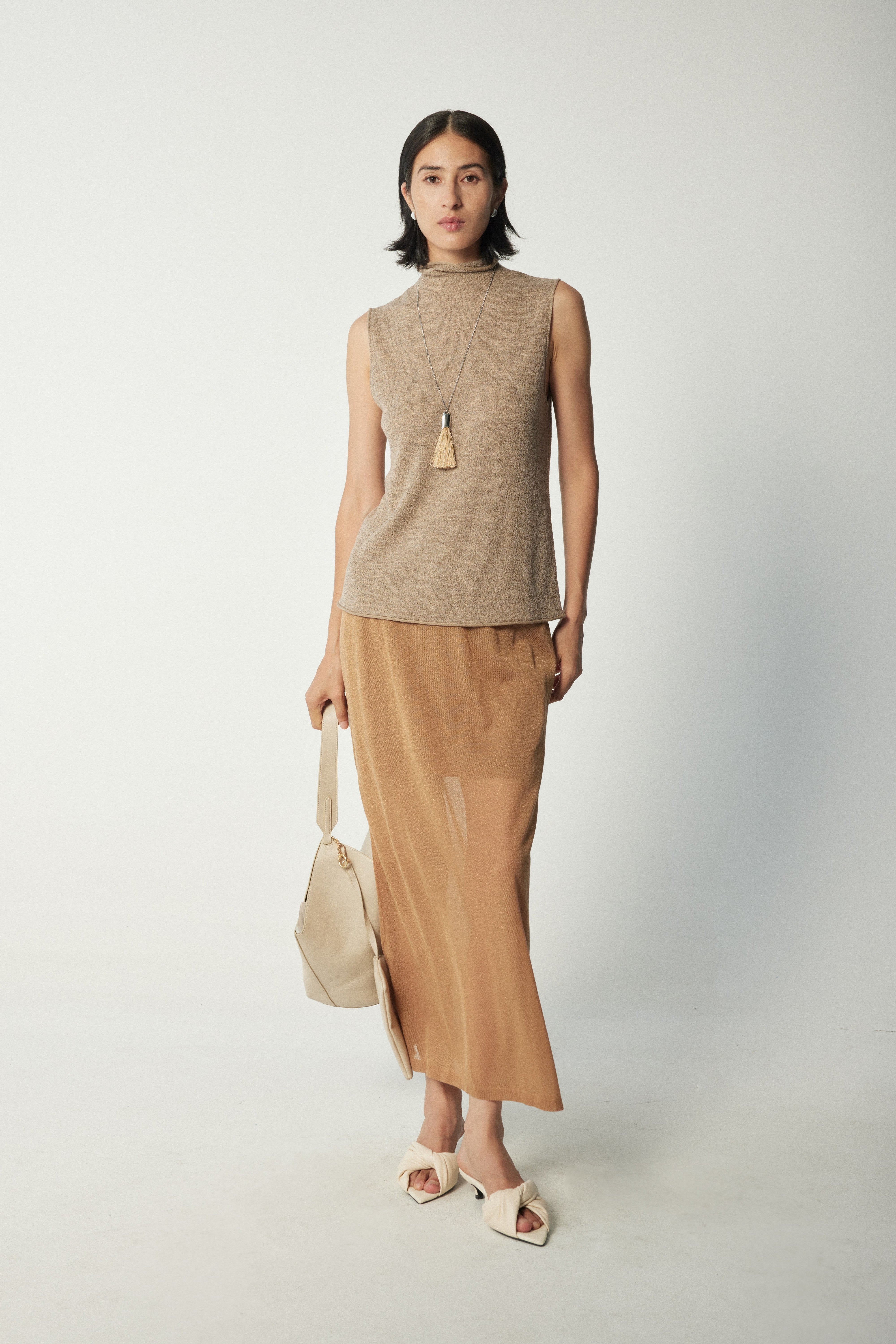 Lightweight Wool-Triacetate Sleeveless Turtleneck Knit Top