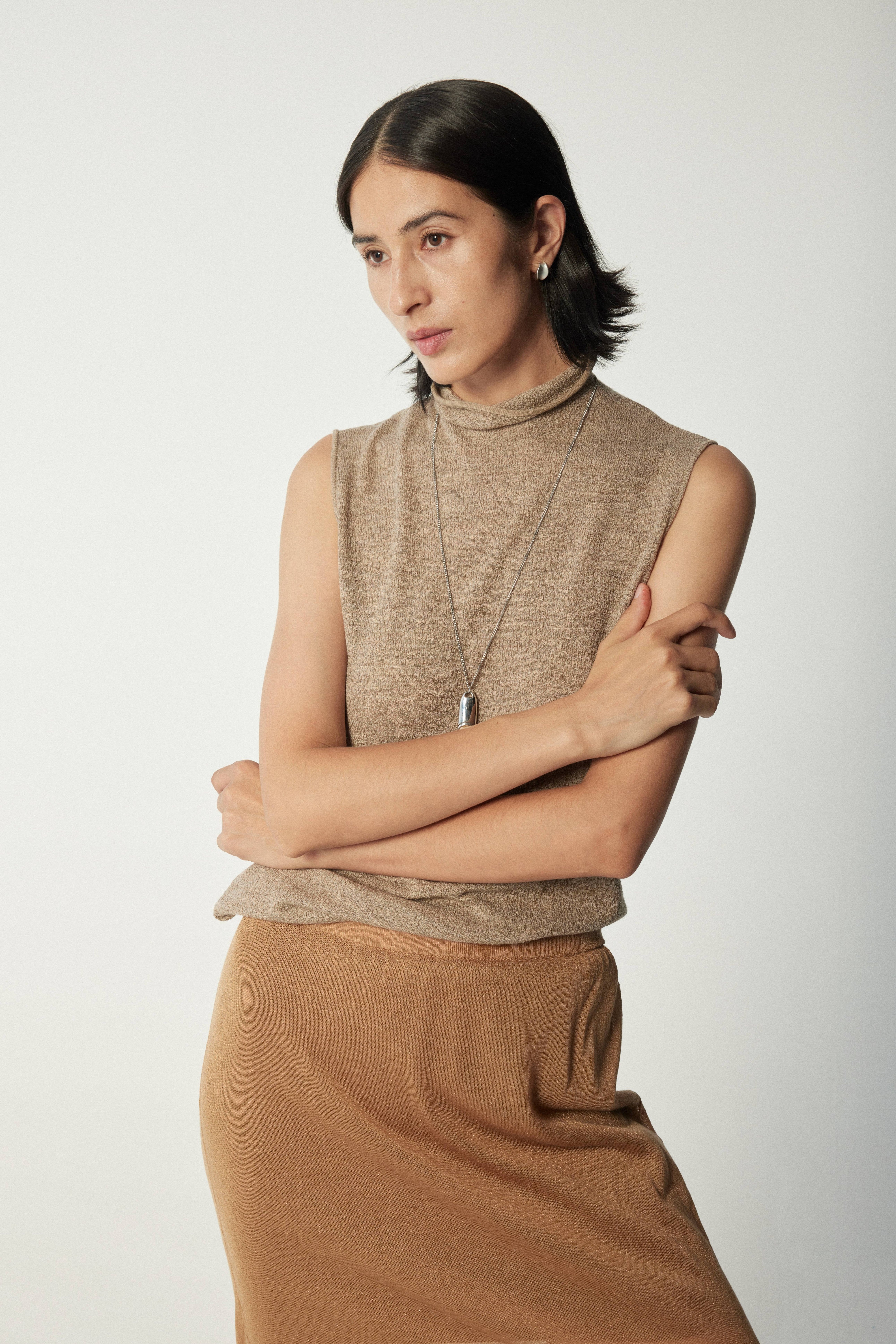 Lightweight Wool-Triacetate Sleeveless Turtleneck Knit Top