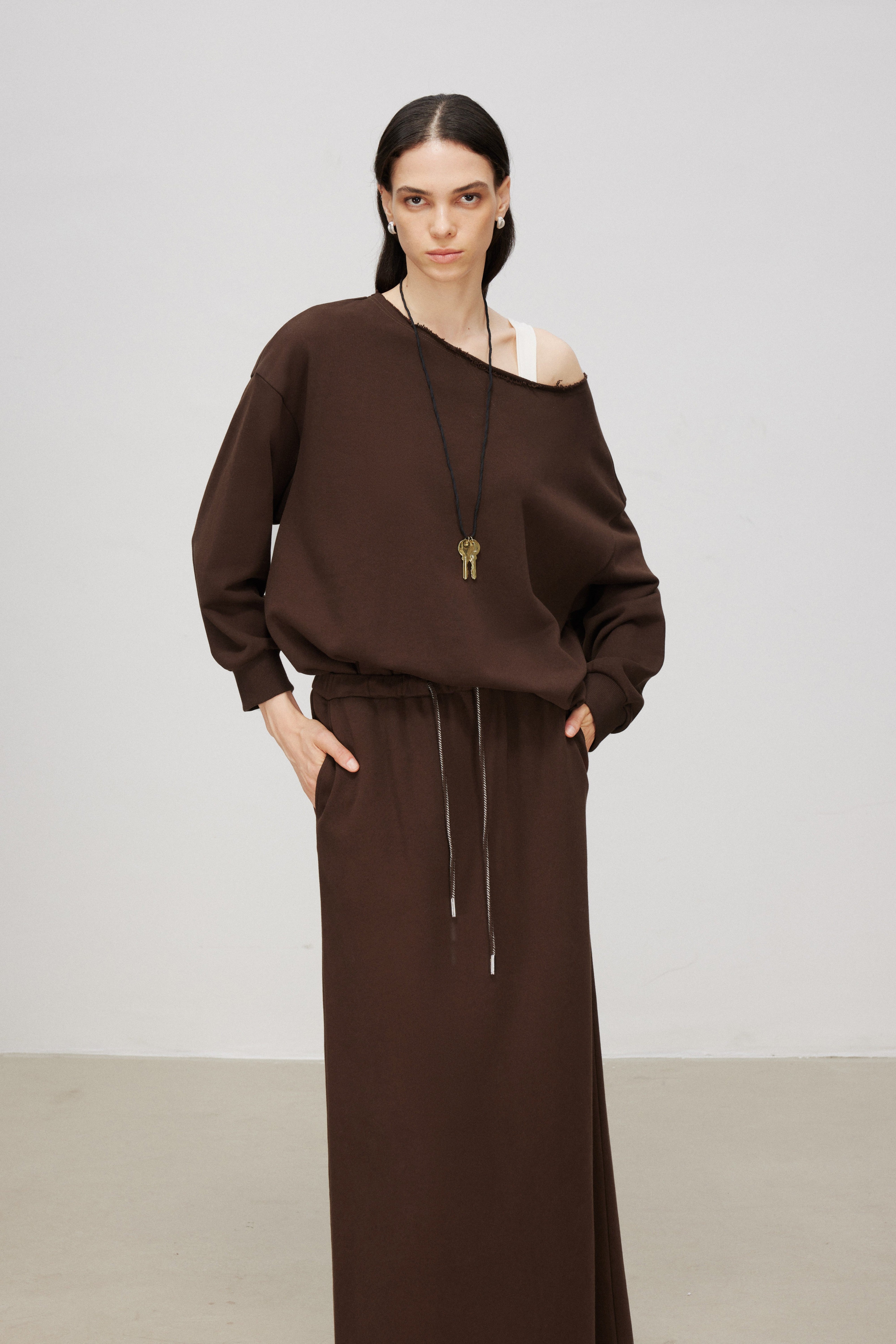 Cotton Knit A-Line Drawstring Long Skirt