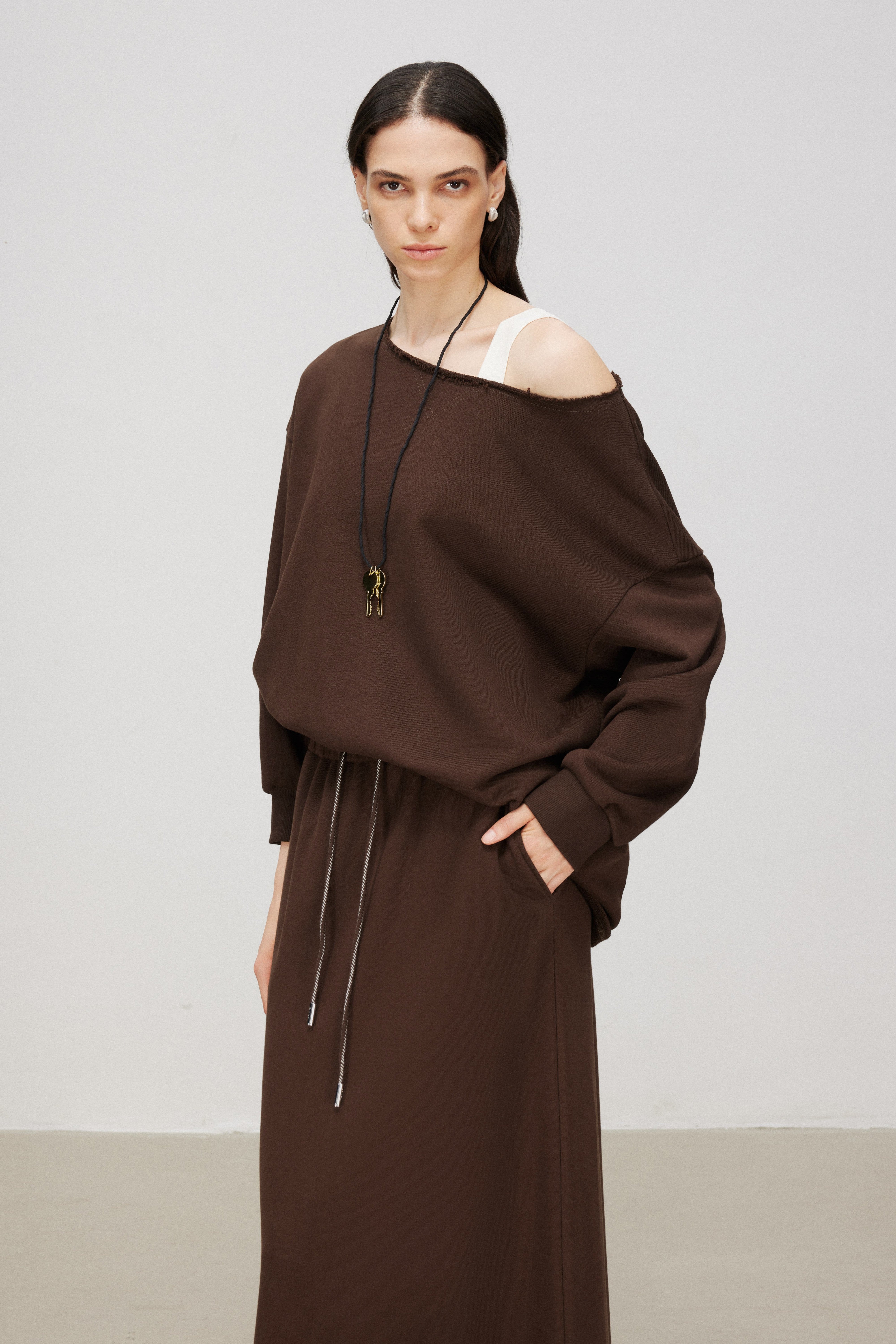 Cotton Knit A-Line Drawstring Long Skirt