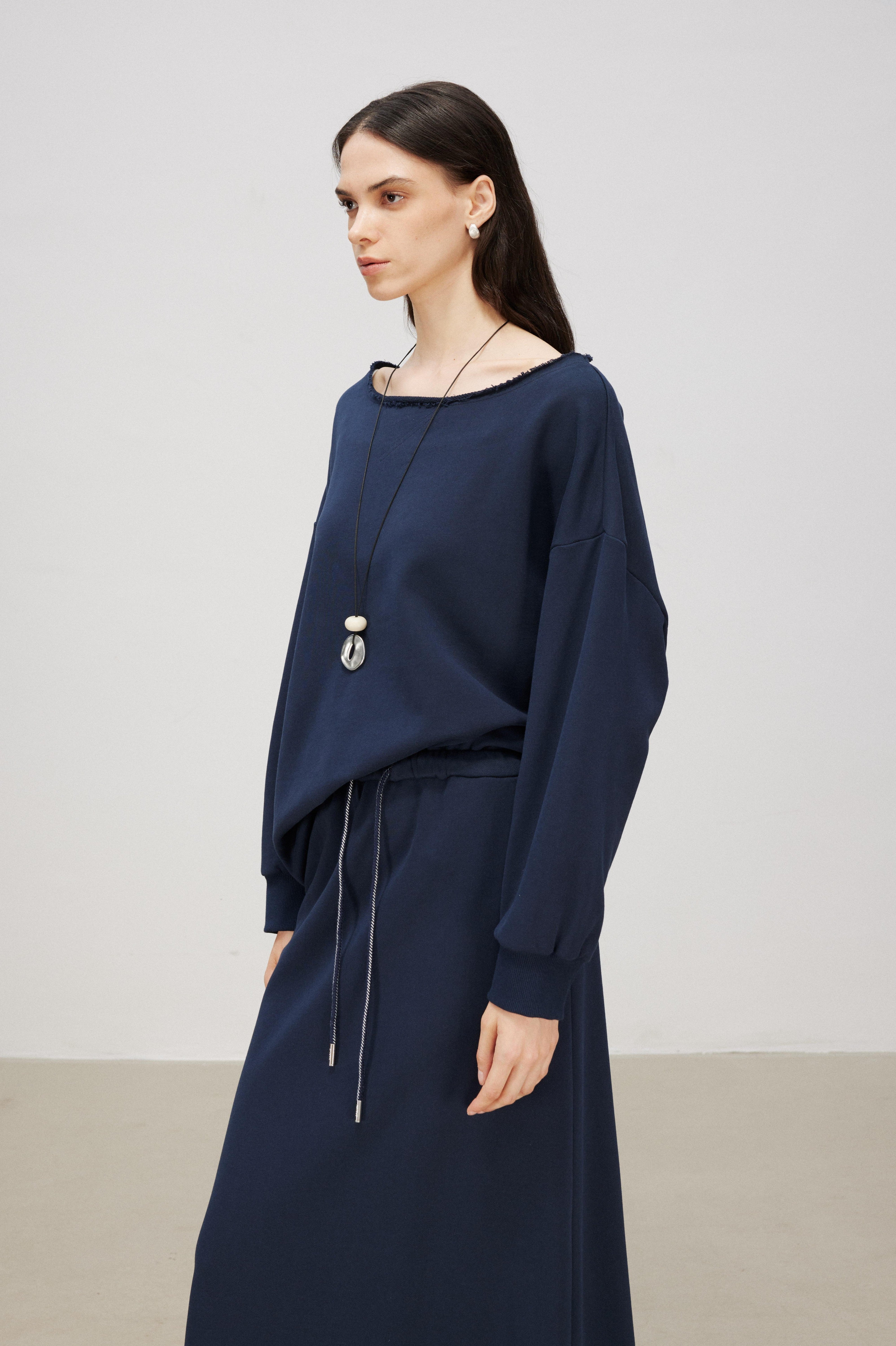 Cotton Knit A-Line Drawstring Long Skirt