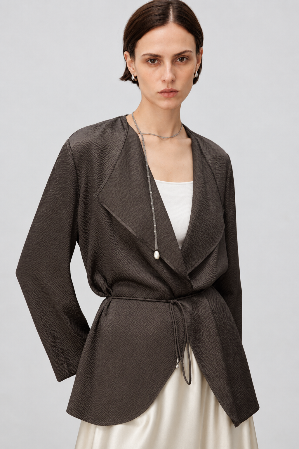 Pearl-Sheen Silk Satin Draped-Collar Wrap Top