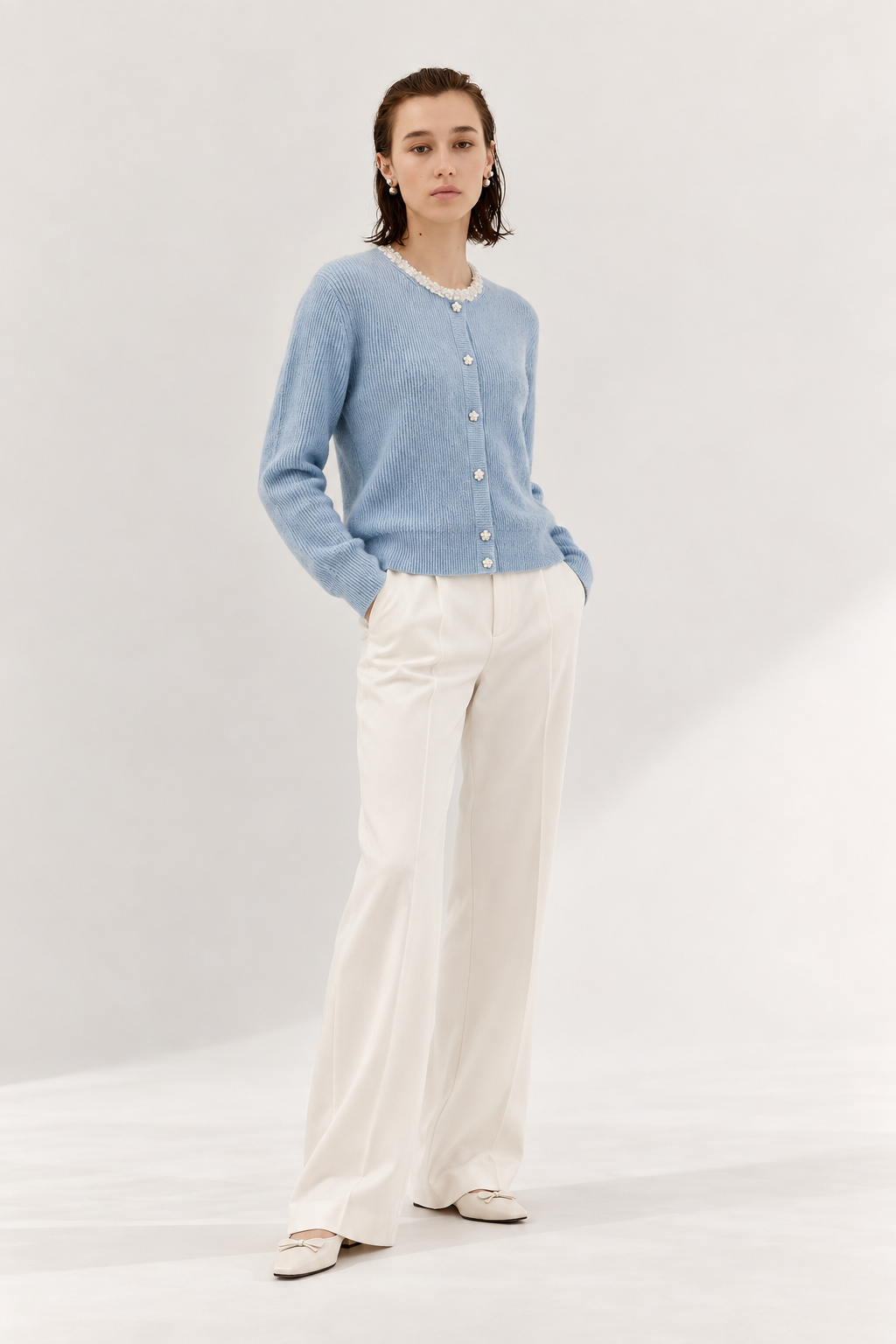 Floral-Trim Wool Blend Cardigan