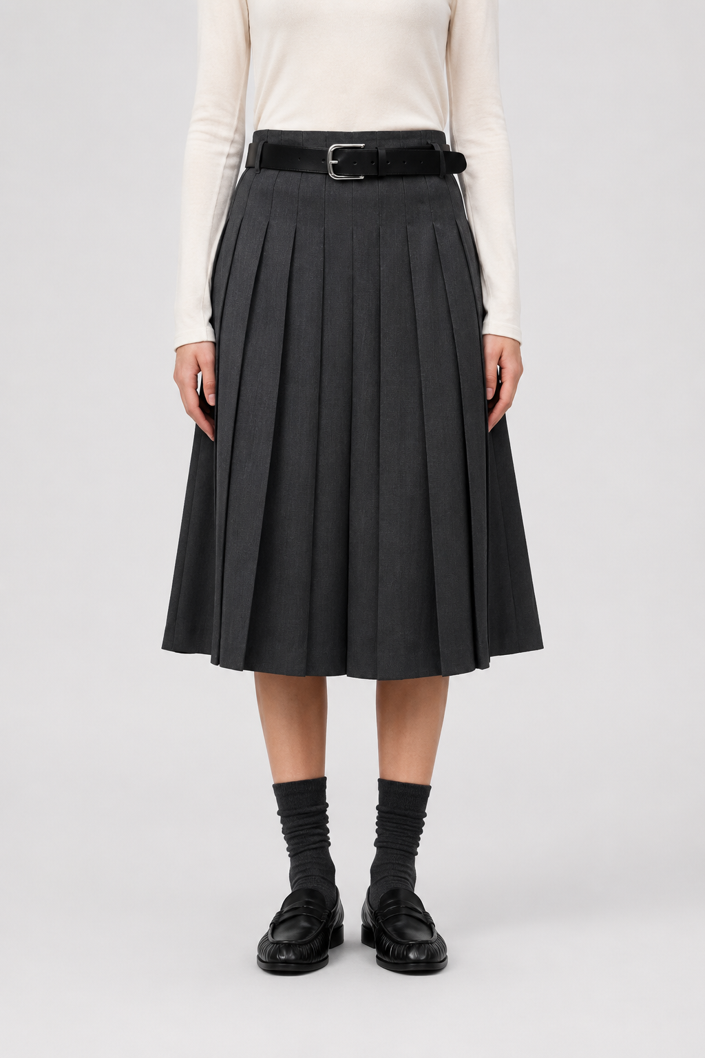 Tailored Pleated Wool Skirt with Belt