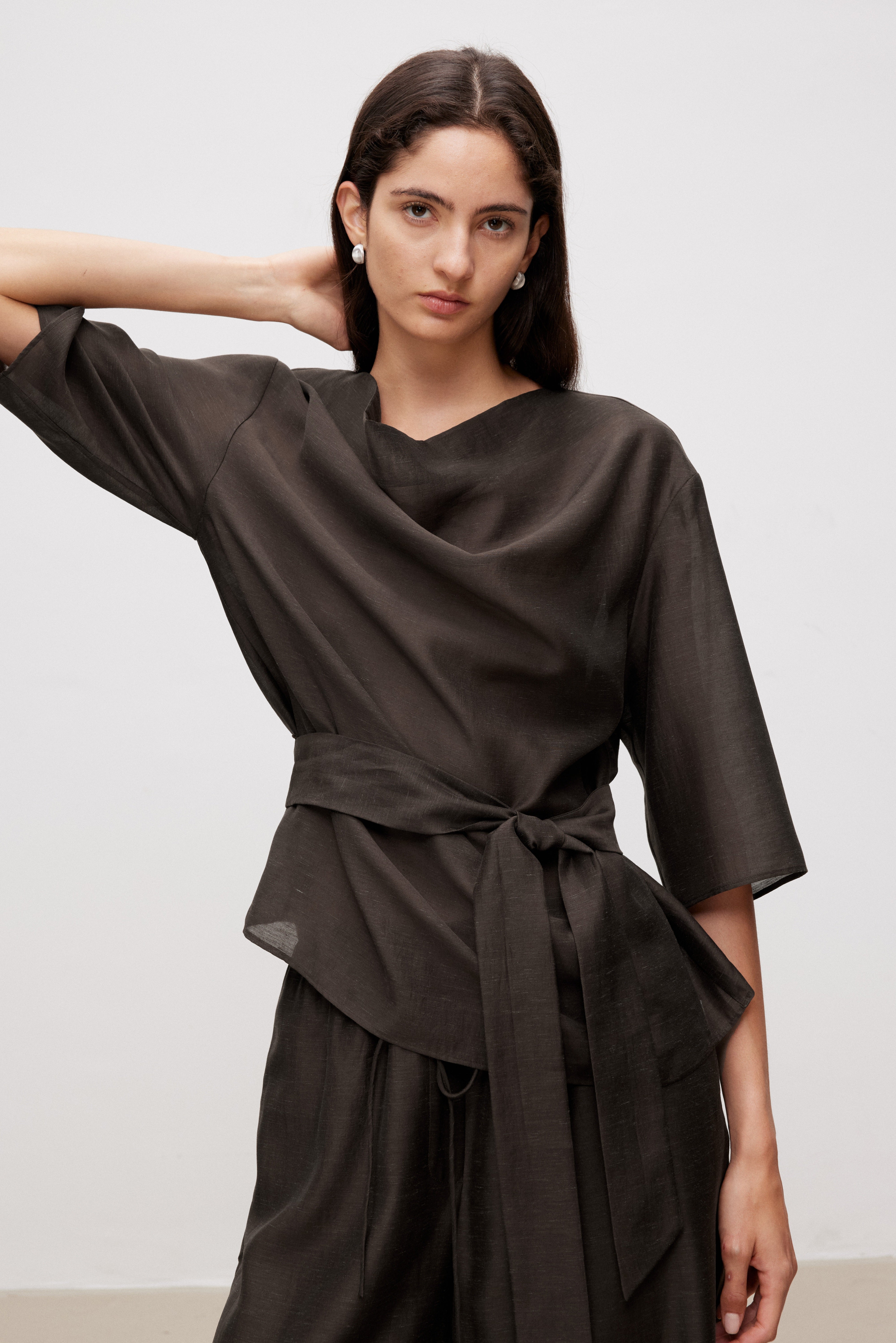 Draped Neck Linen Blend Top with Tie Belt