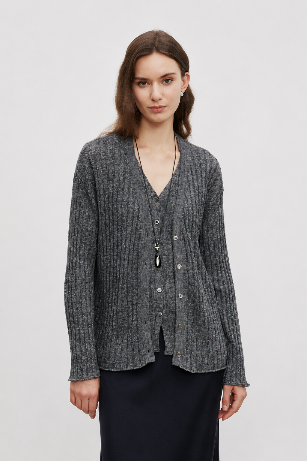 Vertical Texture Wool-Linen Blend Cardigan