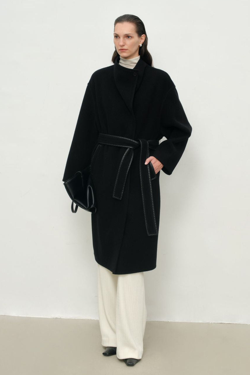 Leather-Trim Belted Pure Wool Wrap Long Coat